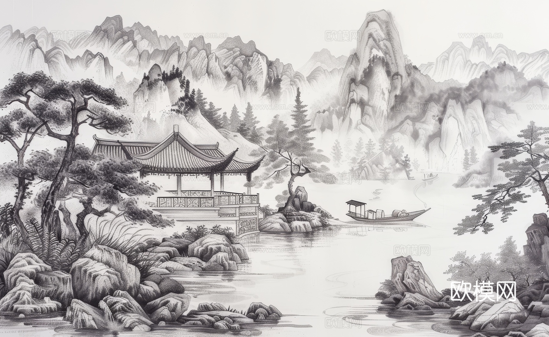 新中式亭台楼阁线条建筑壁画下载（渲染图8）