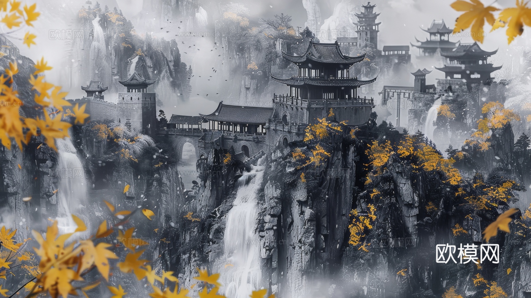 新中式亭台楼阁线条建筑壁画