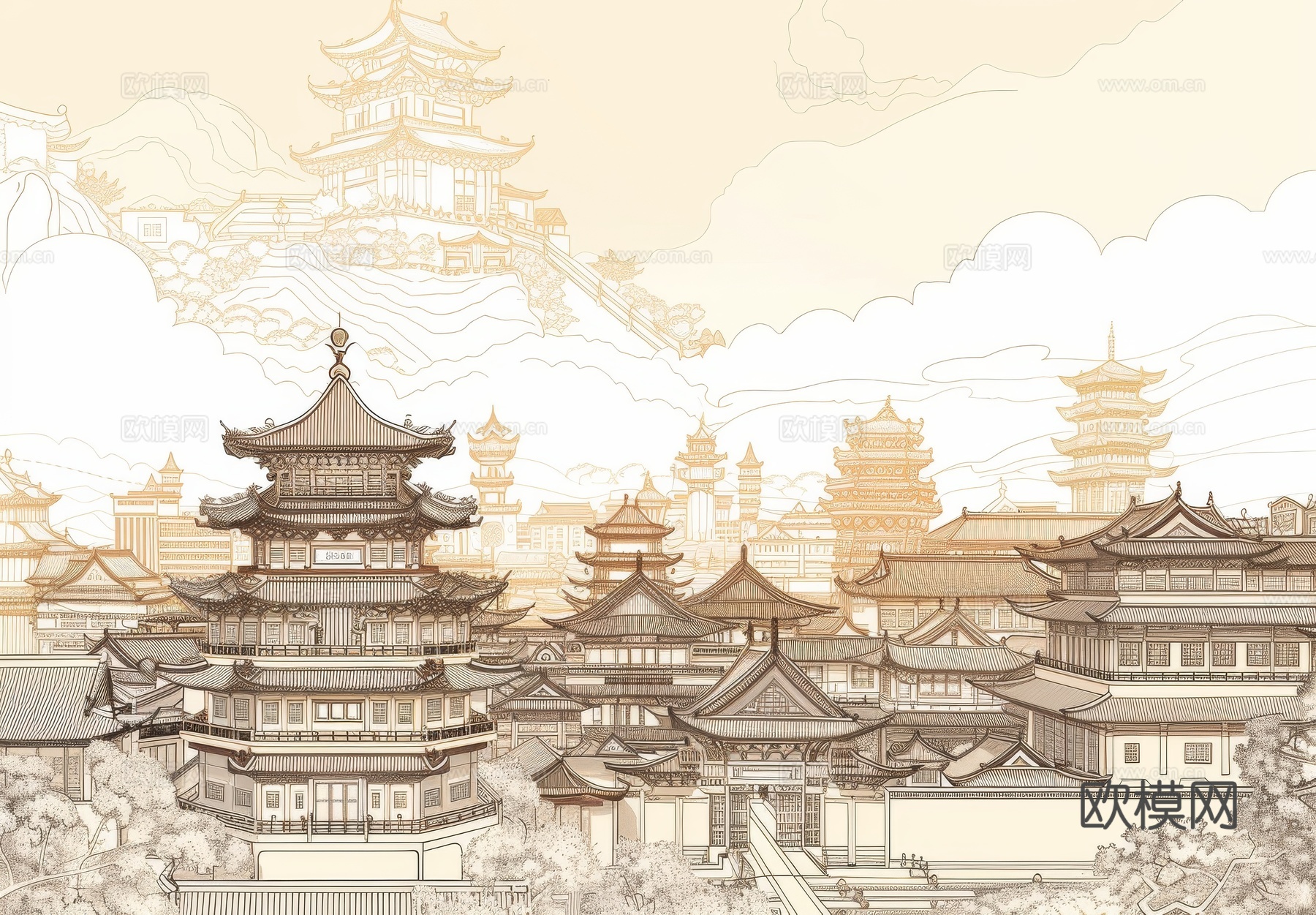 新中式亭台楼阁线条建筑壁画下载（渲染图4）