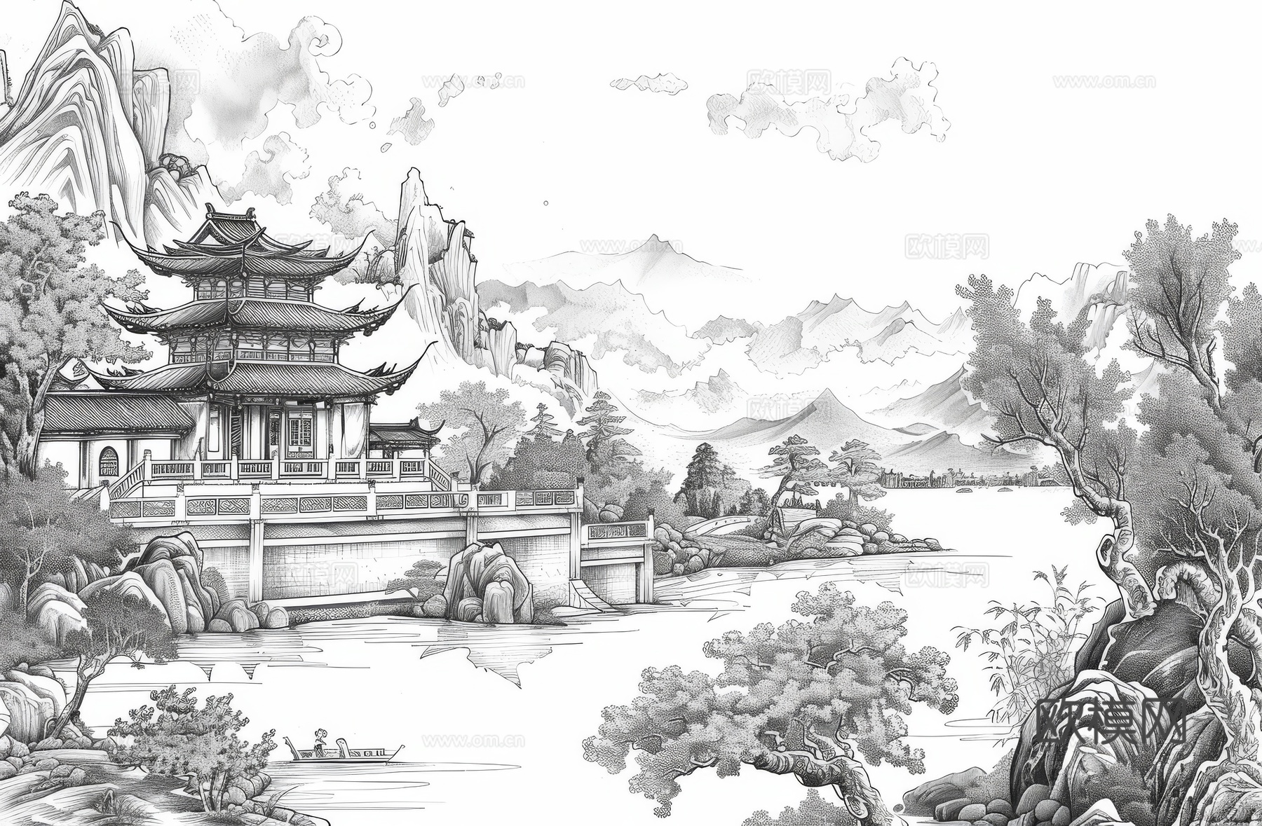 新中式亭台楼阁线条建筑壁画