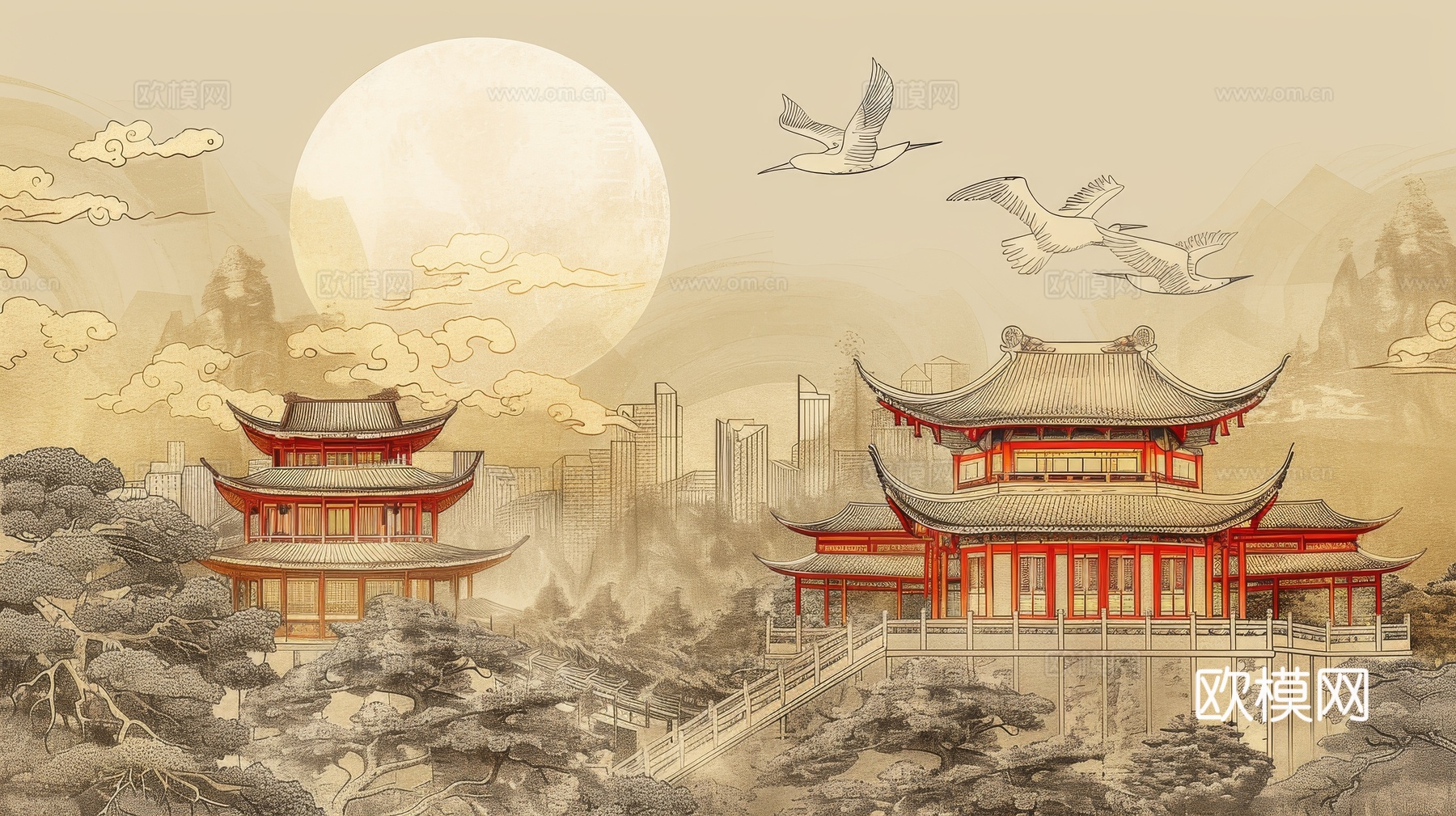 新中式亭台楼阁线条建筑壁画