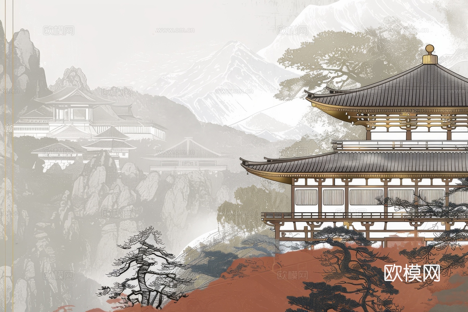 新中式亭台楼阁线条建筑壁画