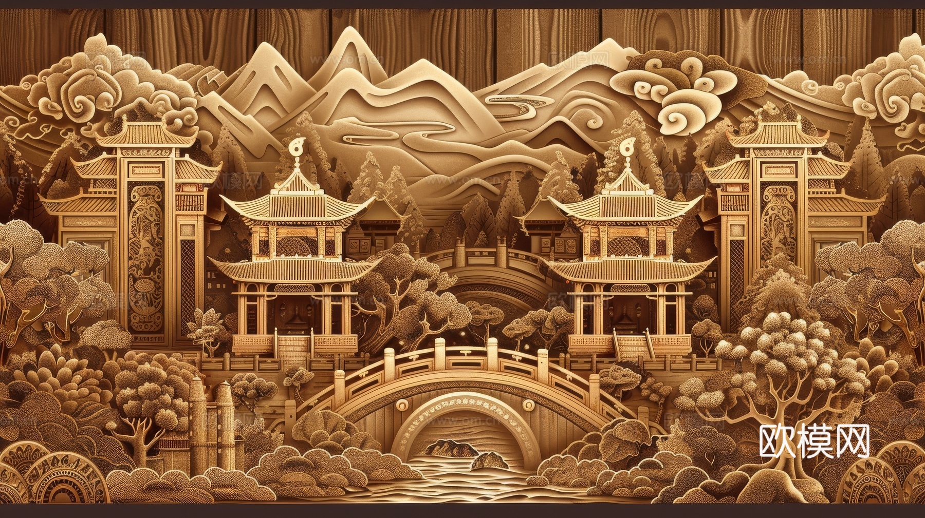 新中式亭台楼阁线条建筑壁画