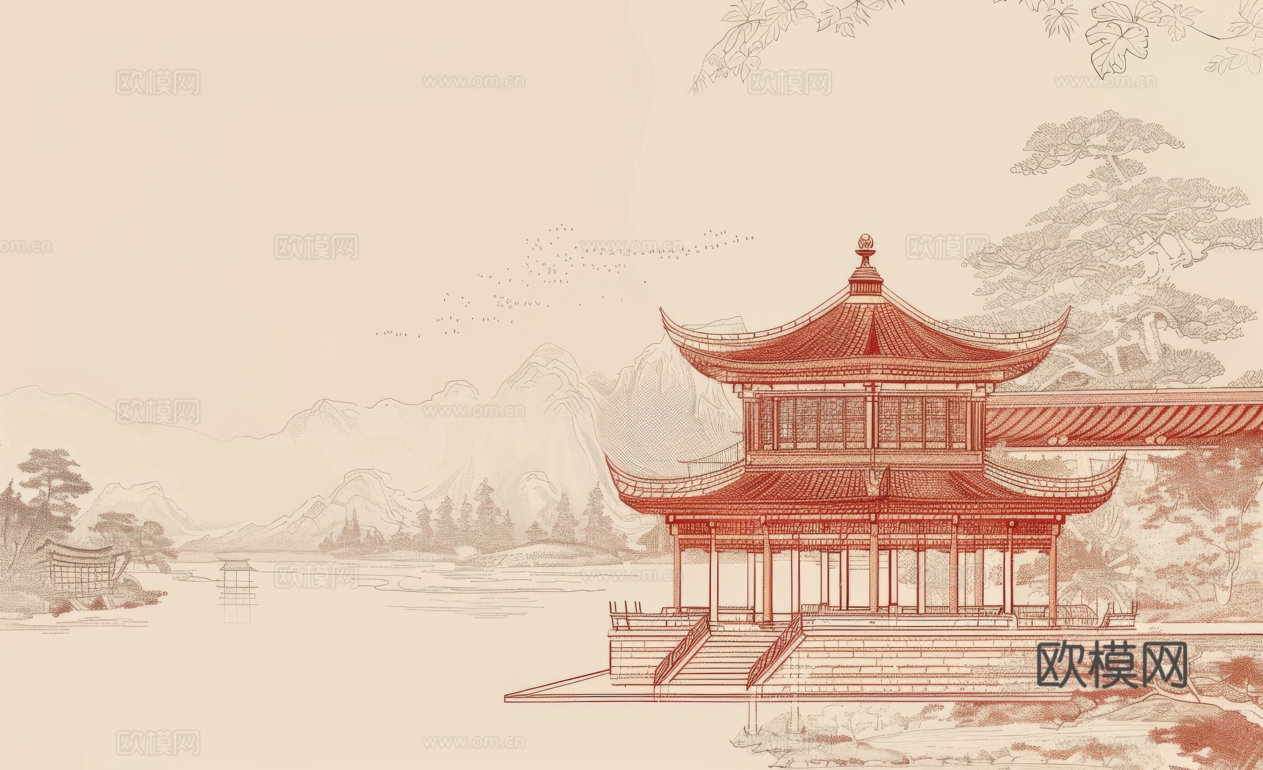 新中式亭台楼阁线条建筑壁画下载（渲染图5）