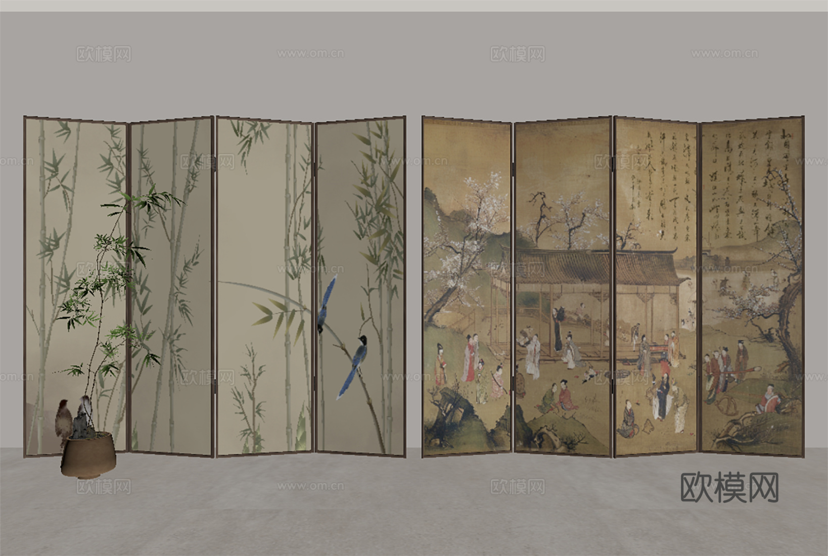 禅意新中式屏风 可折叠屏风 宋代美学隔断  装饰植物3d模型