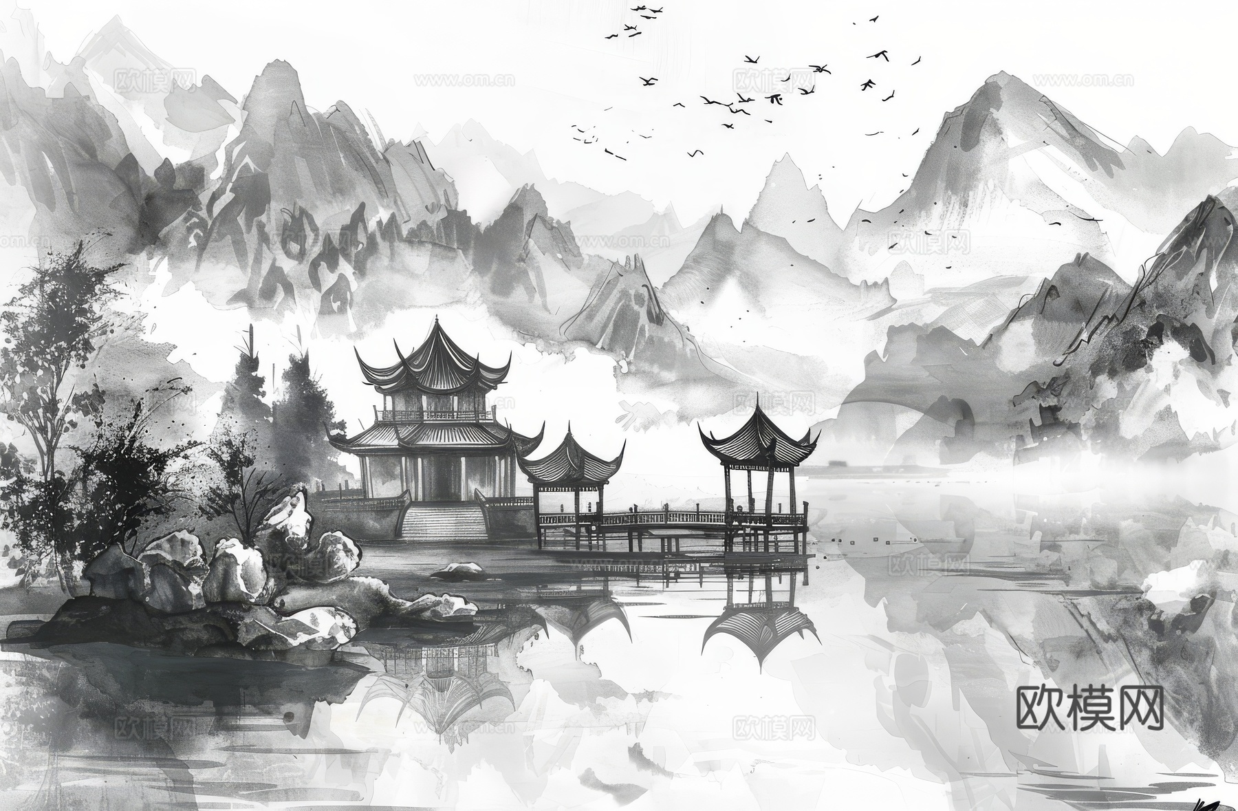 新中式亭台楼阁线条建筑壁画下载（渲染图3）