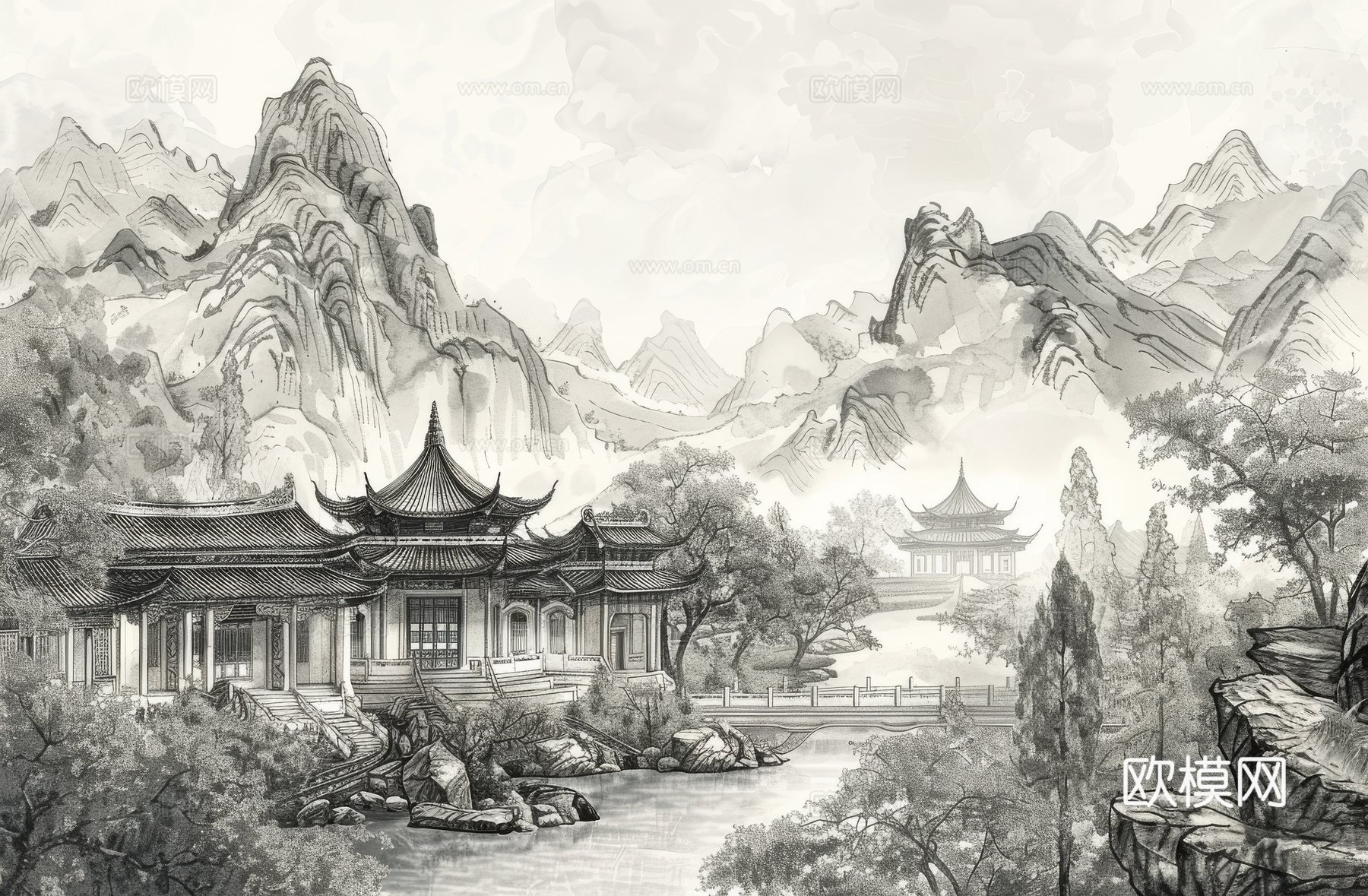 新中式亭台楼阁线条建筑壁画下载（渲染图4）