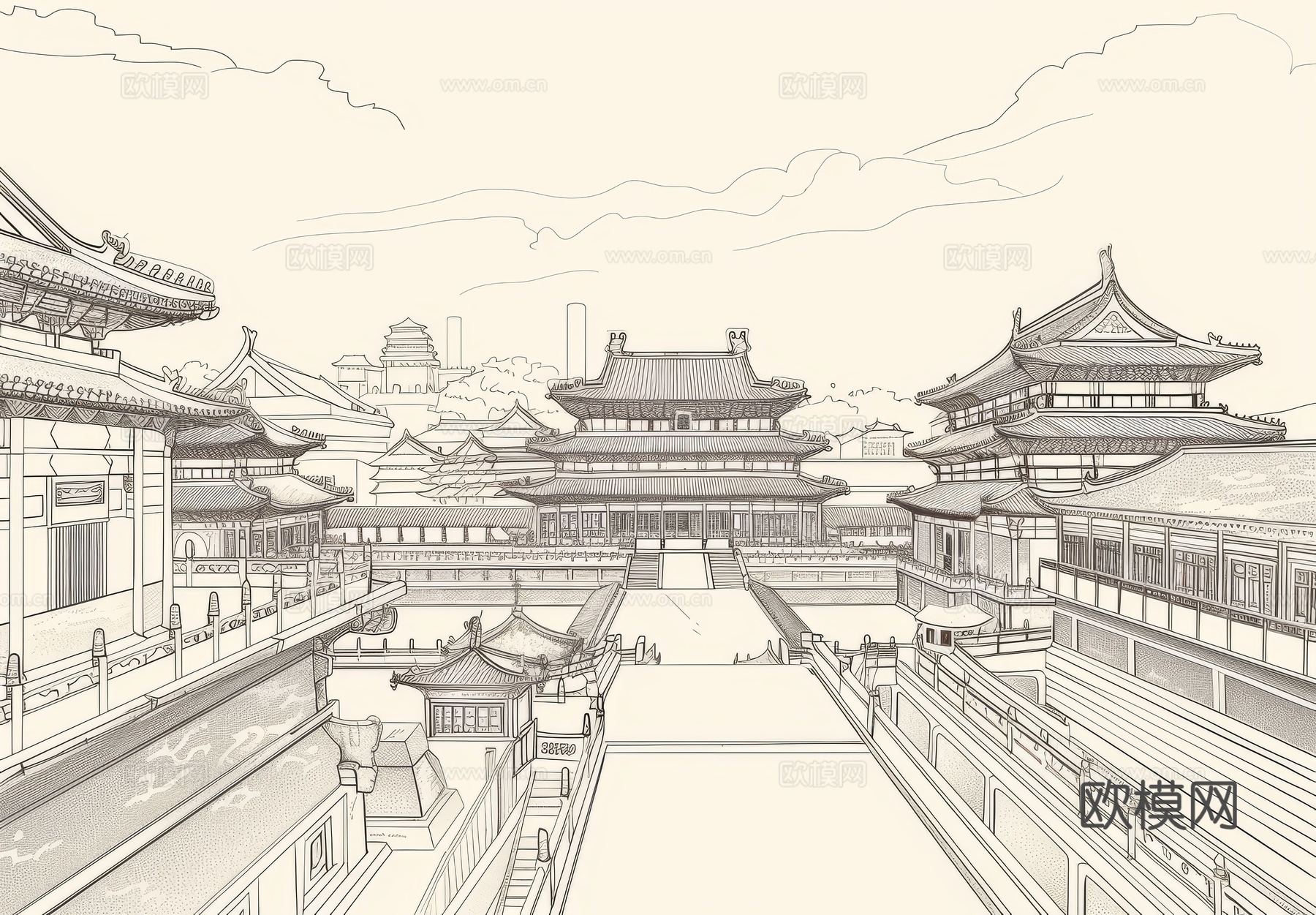 新中式亭台楼阁线条建筑壁画下载（渲染图6）