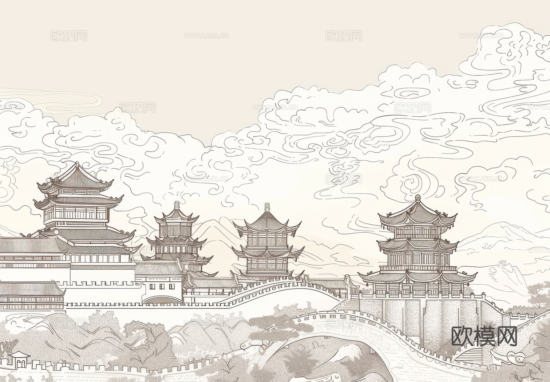 新中式亭台楼阁线条建筑壁画下载（渲染图1）