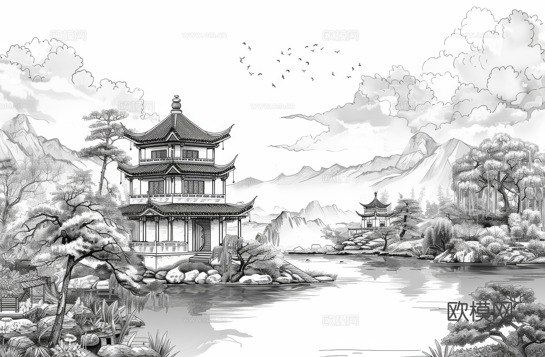 新中式亭台楼阁线条建筑壁画