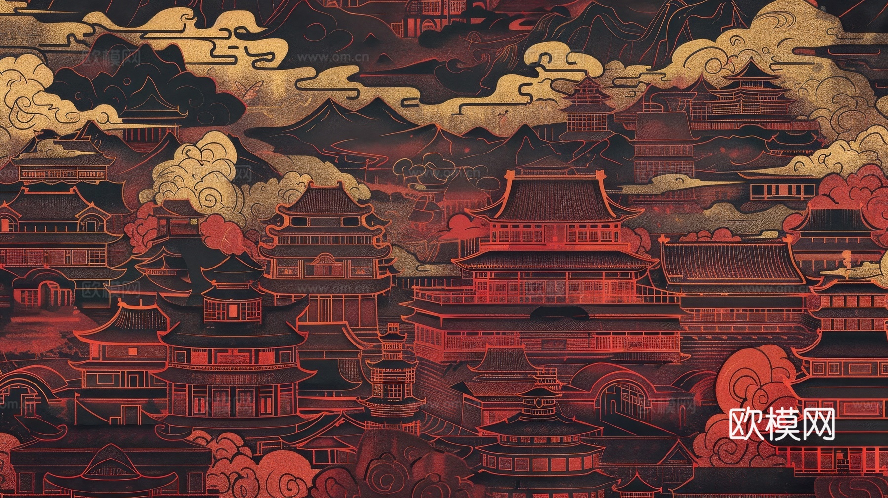 新中式亭台楼阁线条建筑壁画