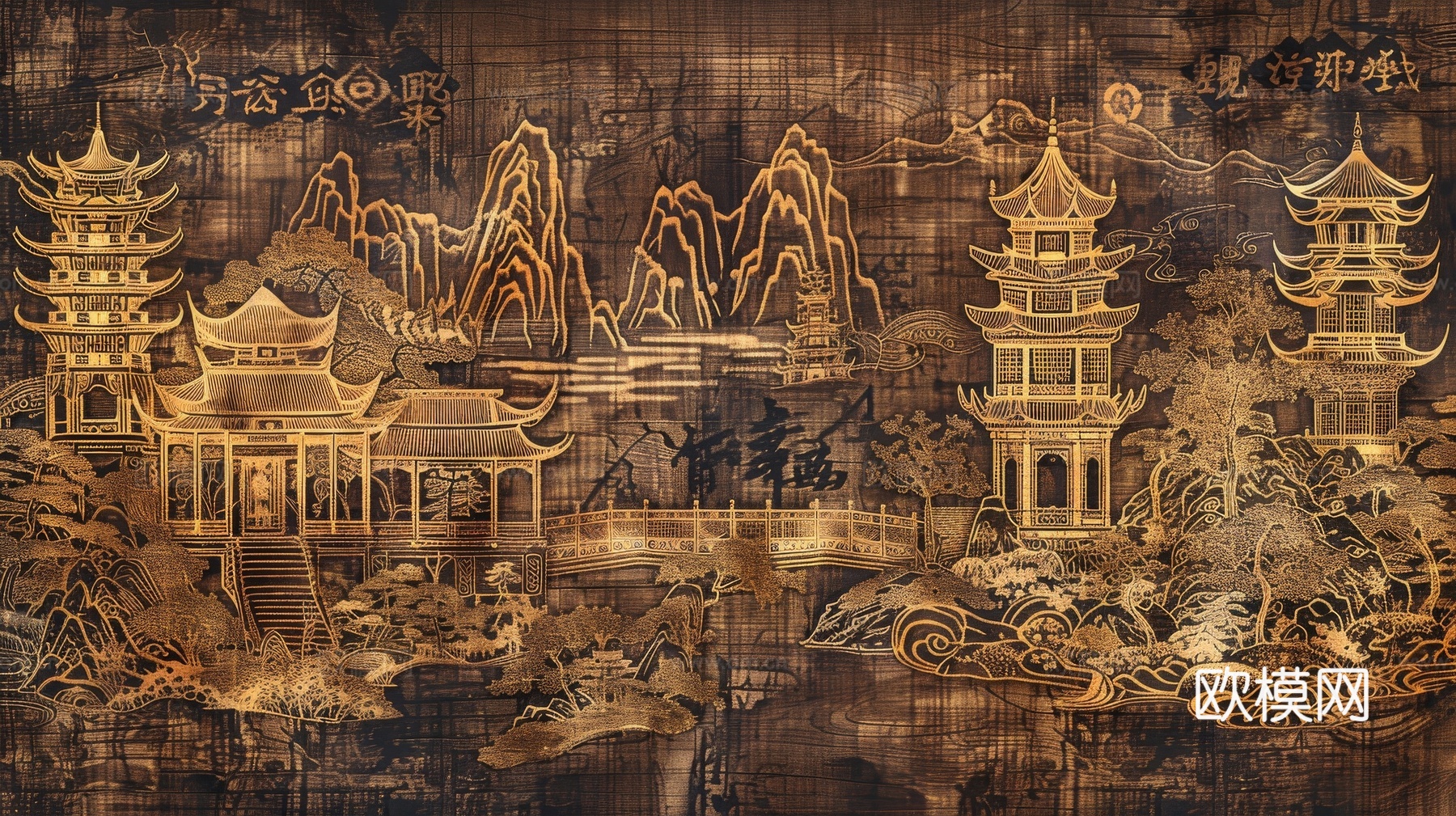 新中式亭台楼阁线条建筑壁画