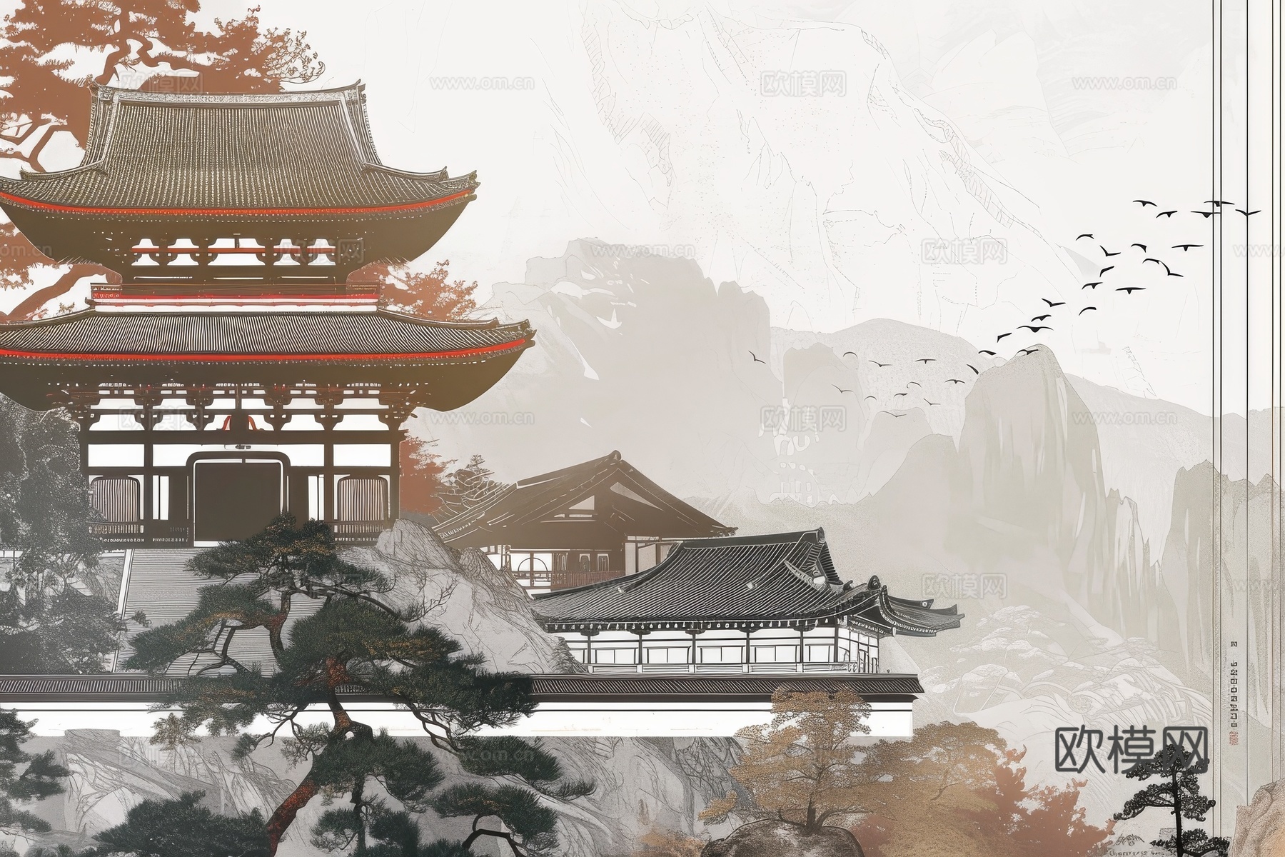 新中式亭台楼阁线条建筑壁画