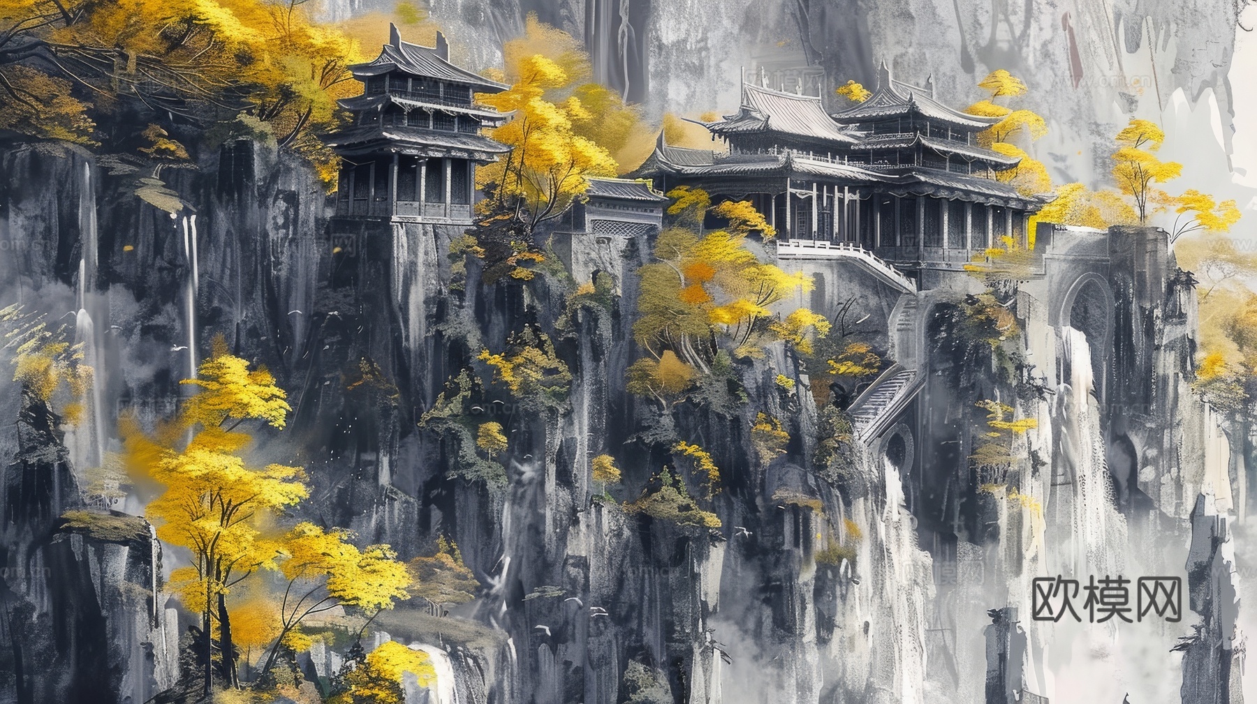 新中式亭台楼阁线条建筑壁画