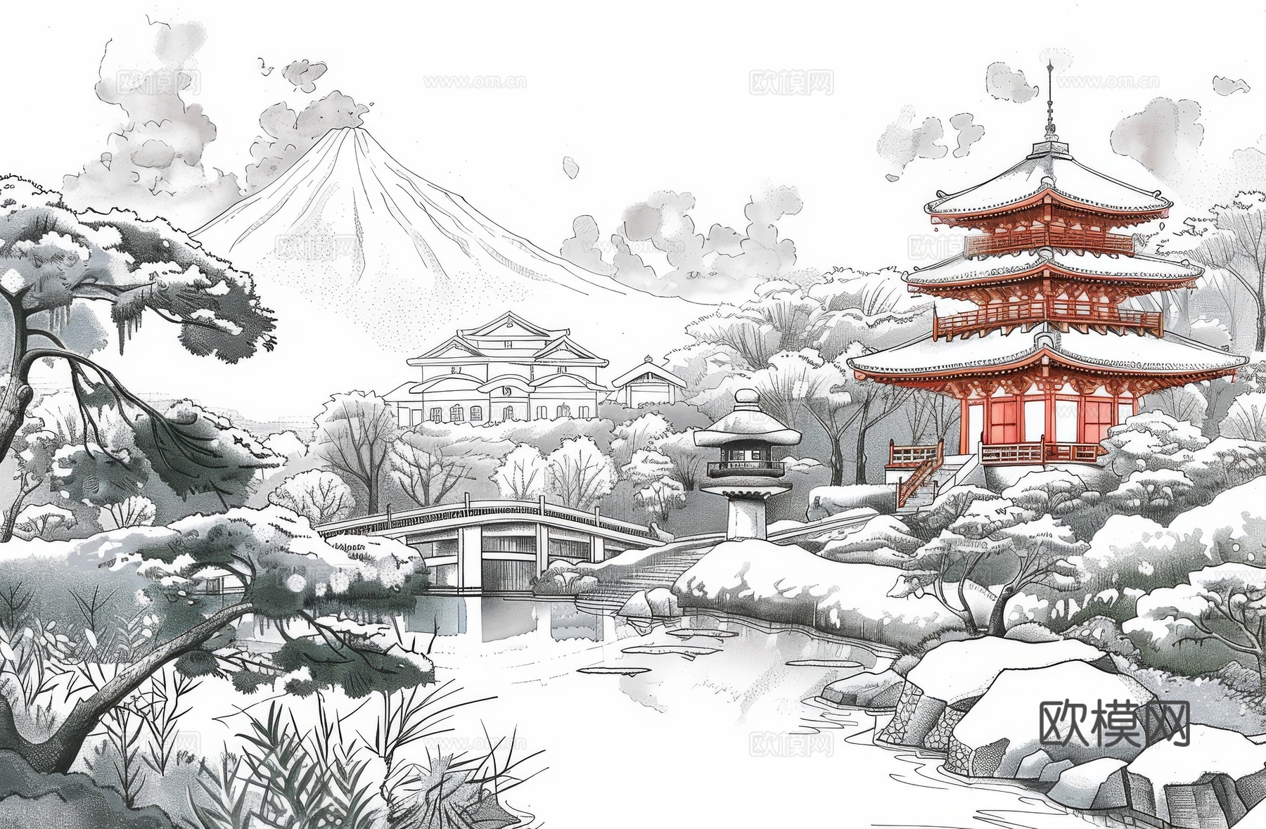 新中式亭台楼阁线条建筑壁画下载（渲染图4）