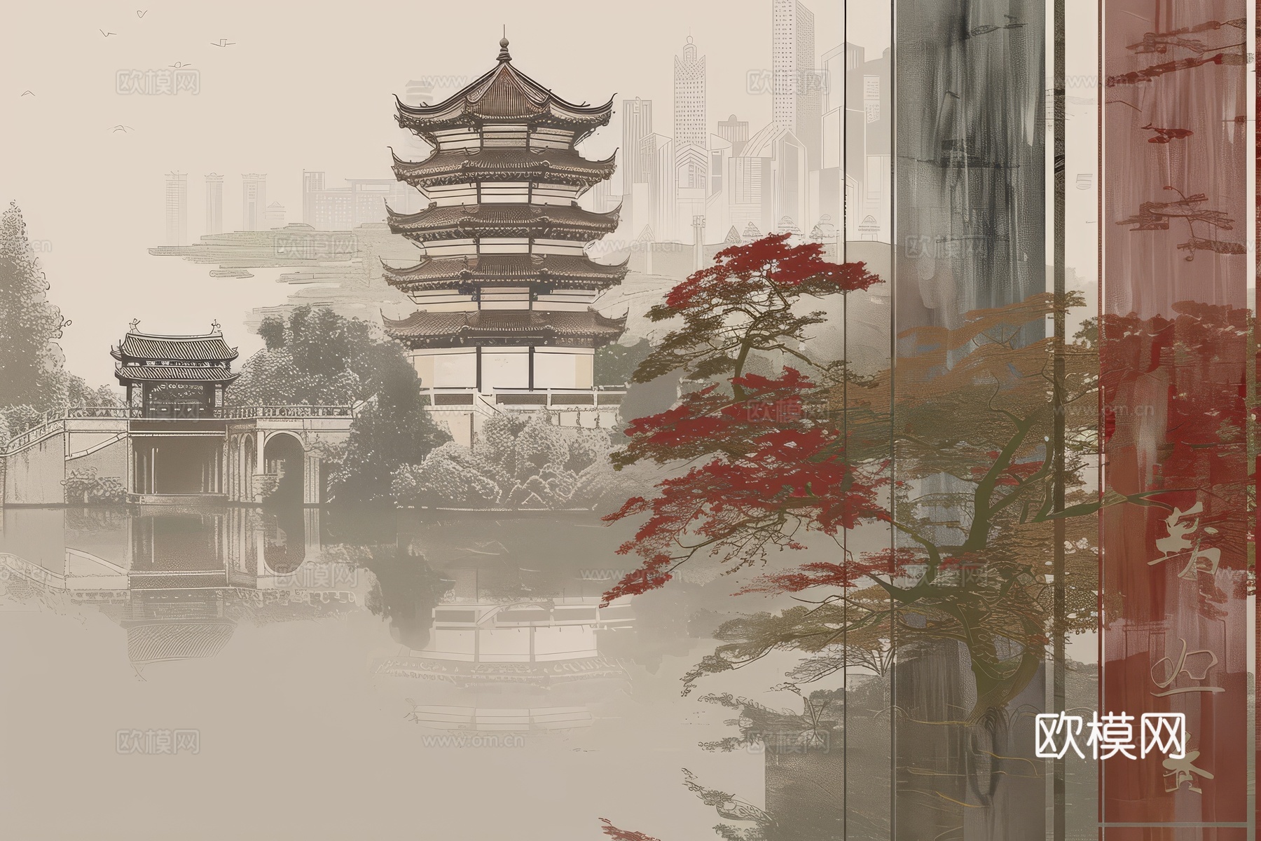 新中式亭台楼阁线条建筑壁画