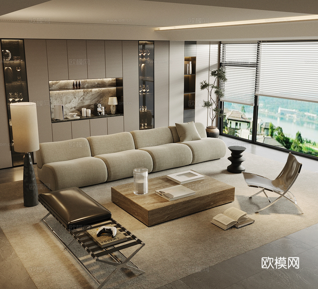 现代家居客厅 轻奢意式客厅 沙发茶几组合 黑白灰客厅 高级灰su模型