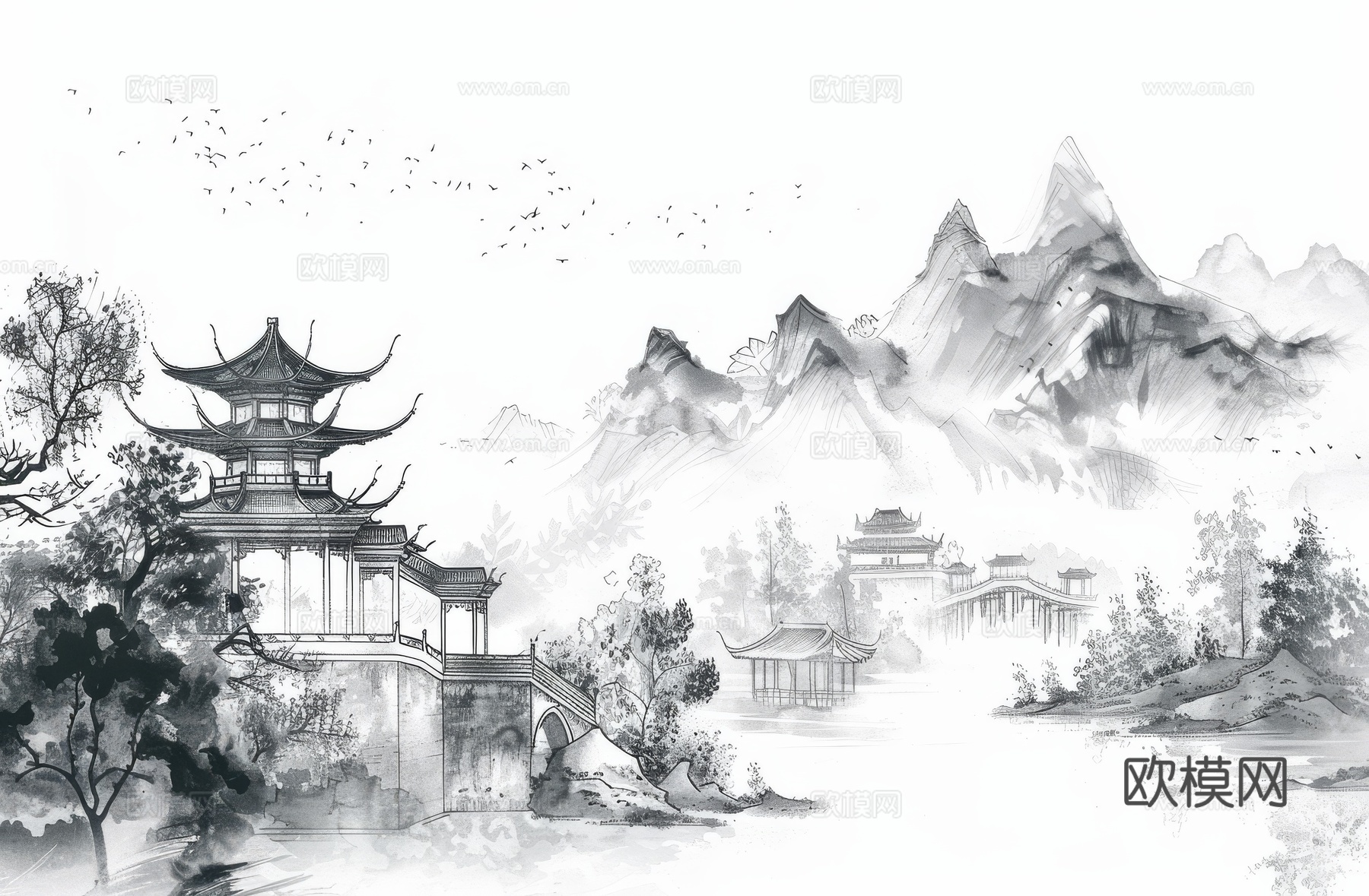 新中式亭台楼阁线条建筑壁画下载（渲染图3）