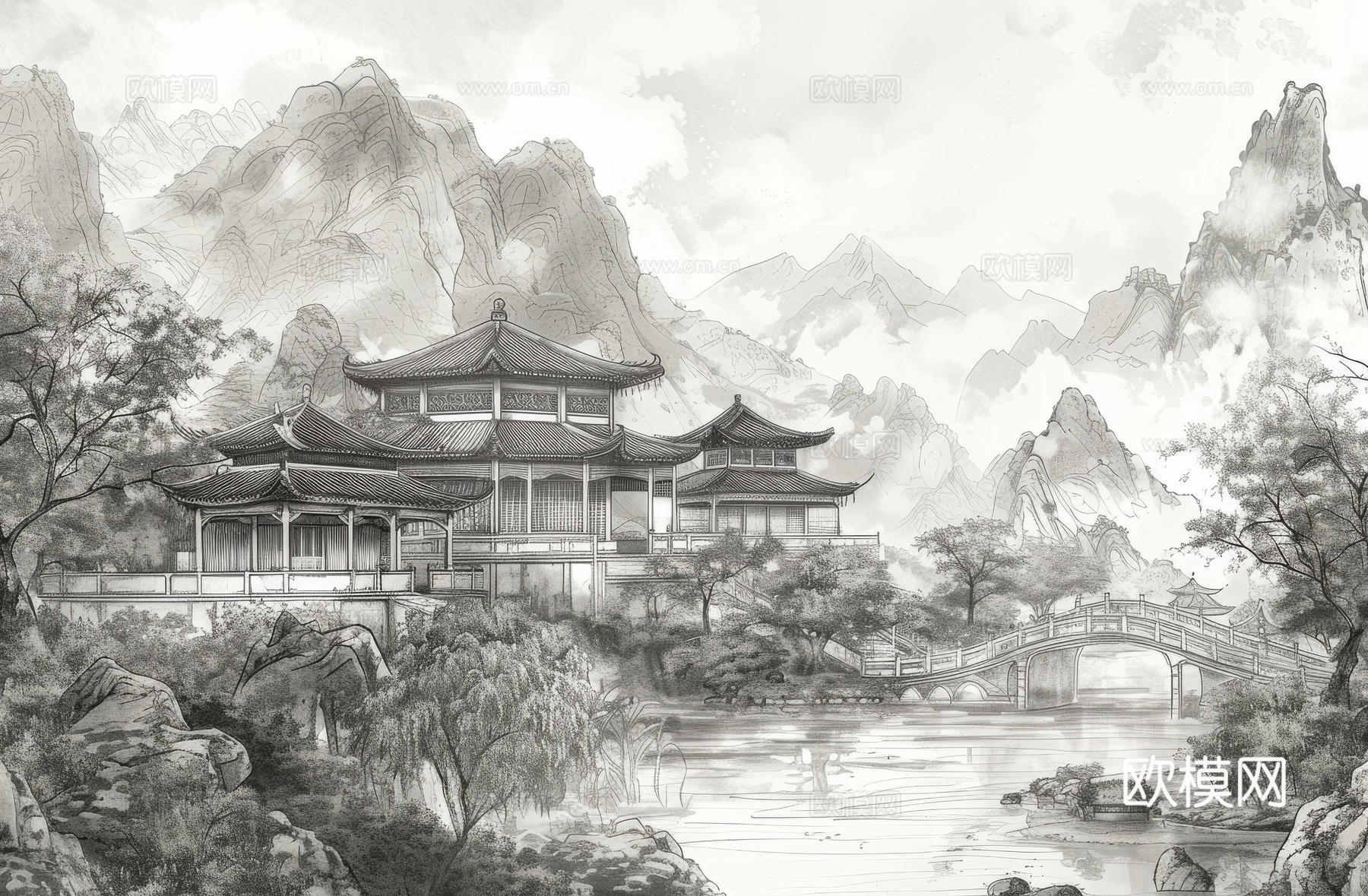 新中式亭台楼阁线条建筑壁画下载（渲染图8）