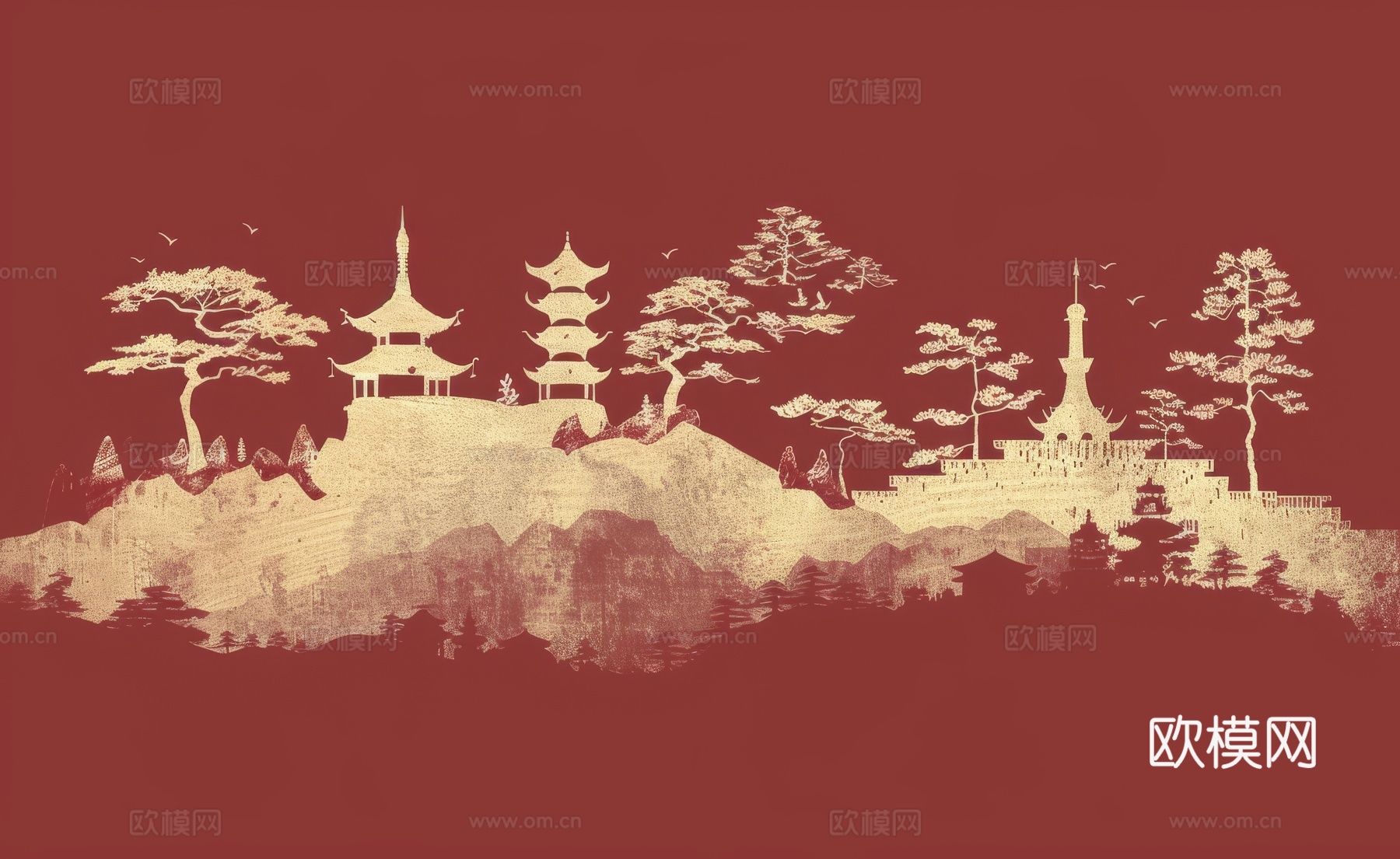 新中式亭台楼阁线条建筑壁画