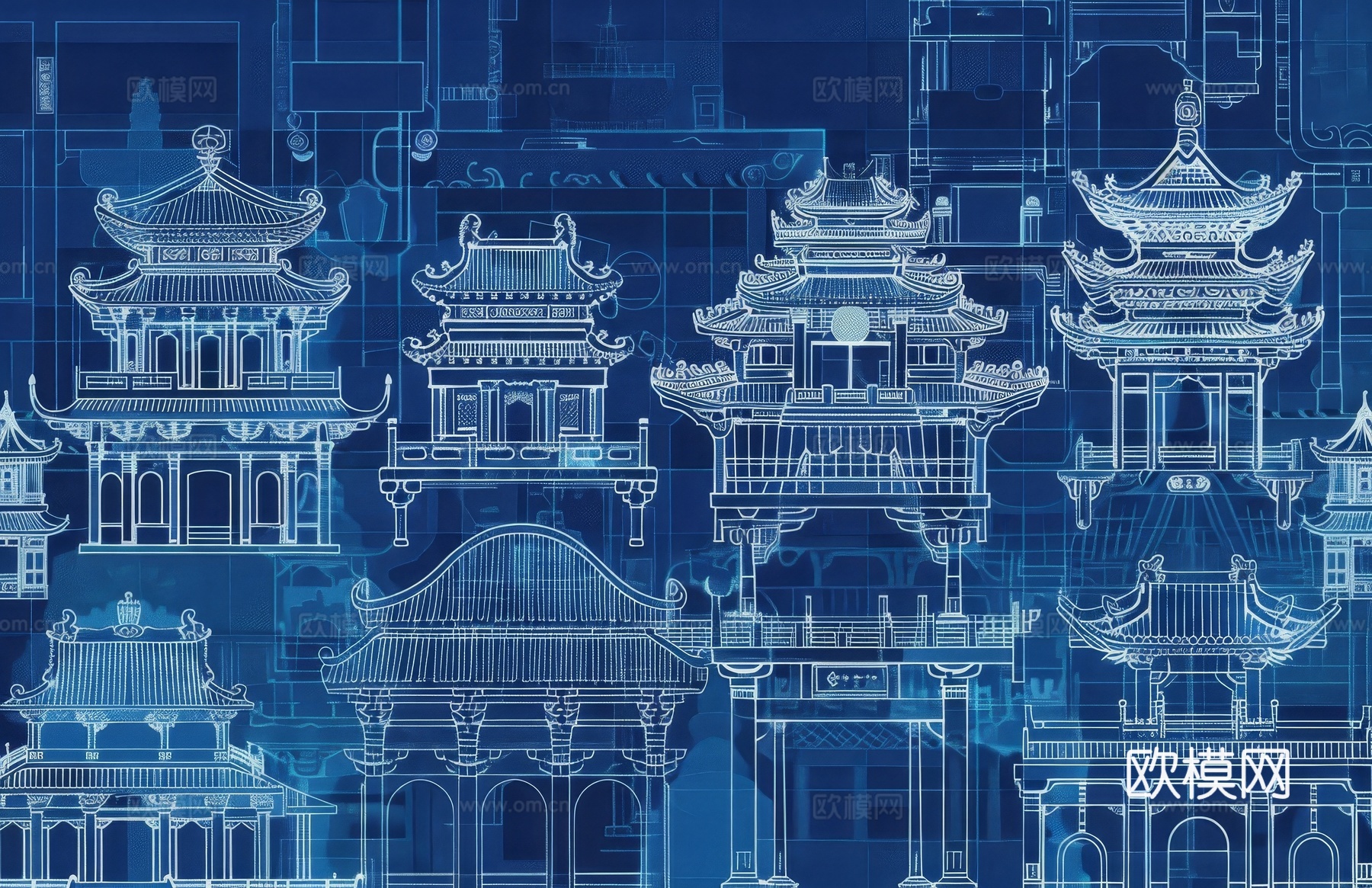 新中式亭台楼阁线条建筑壁画