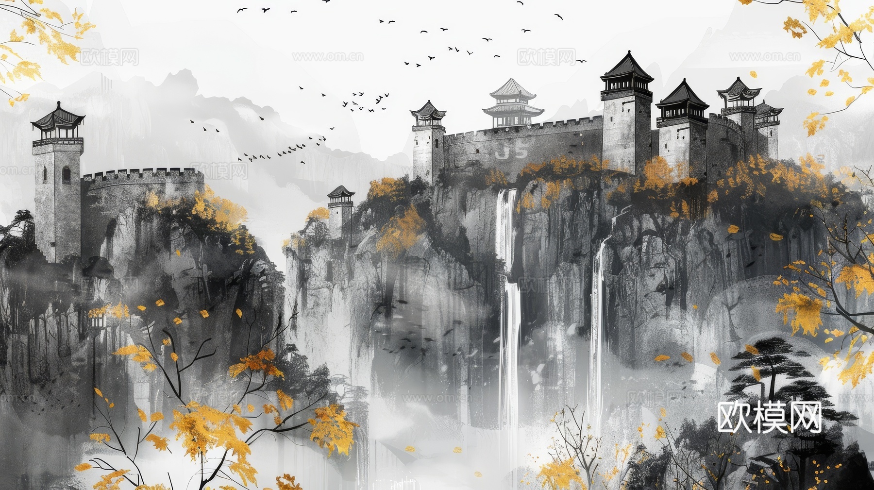 新中式亭台楼阁线条建筑壁画下载（渲染图5）