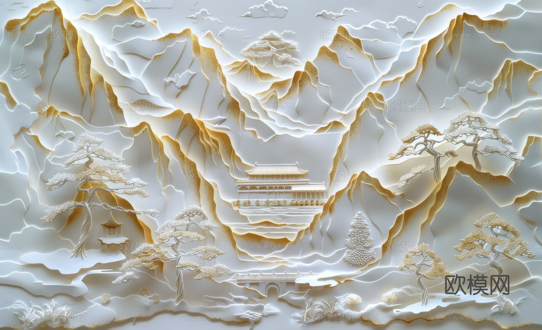 新中式亭台楼阁线条建筑壁画下载（渲染图5）