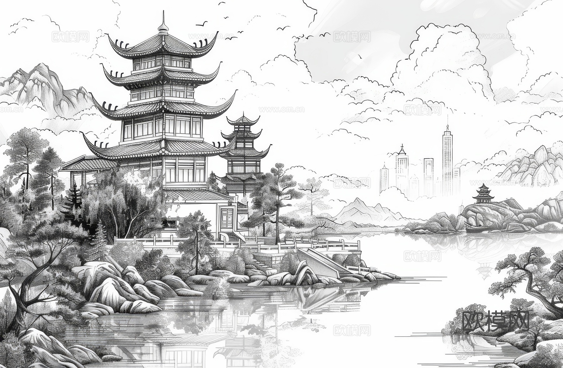 新中式亭台楼阁线条建筑壁画