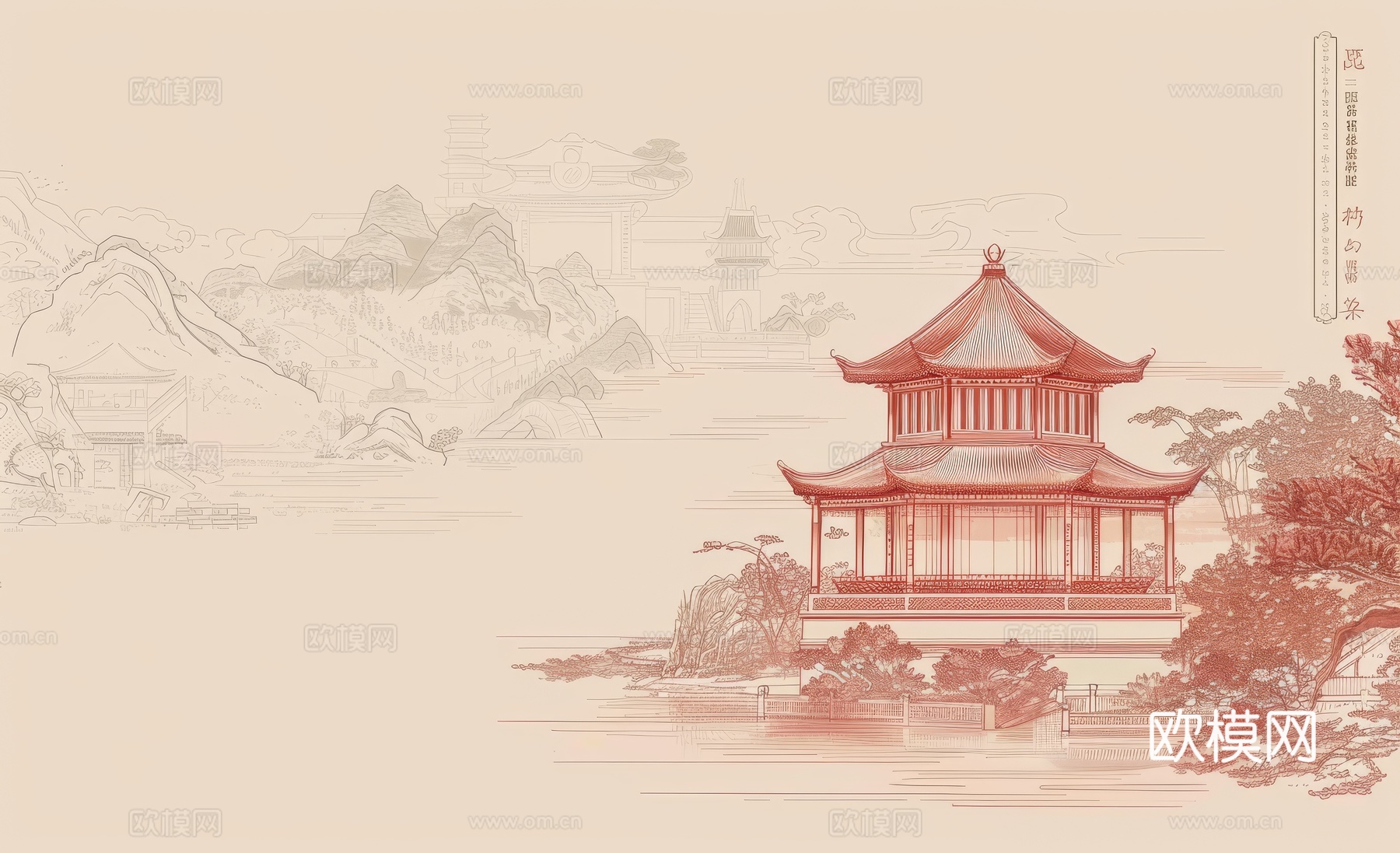 新中式亭台楼阁线条建筑壁画下载（渲染图7）