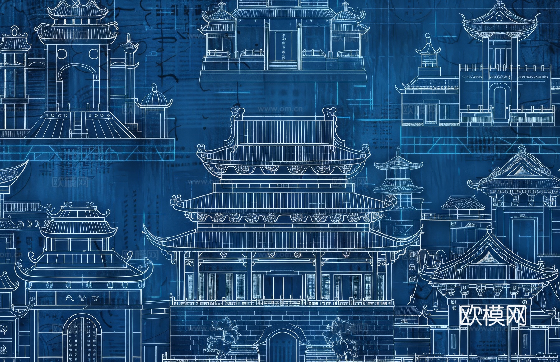 新中式亭台楼阁线条建筑壁画