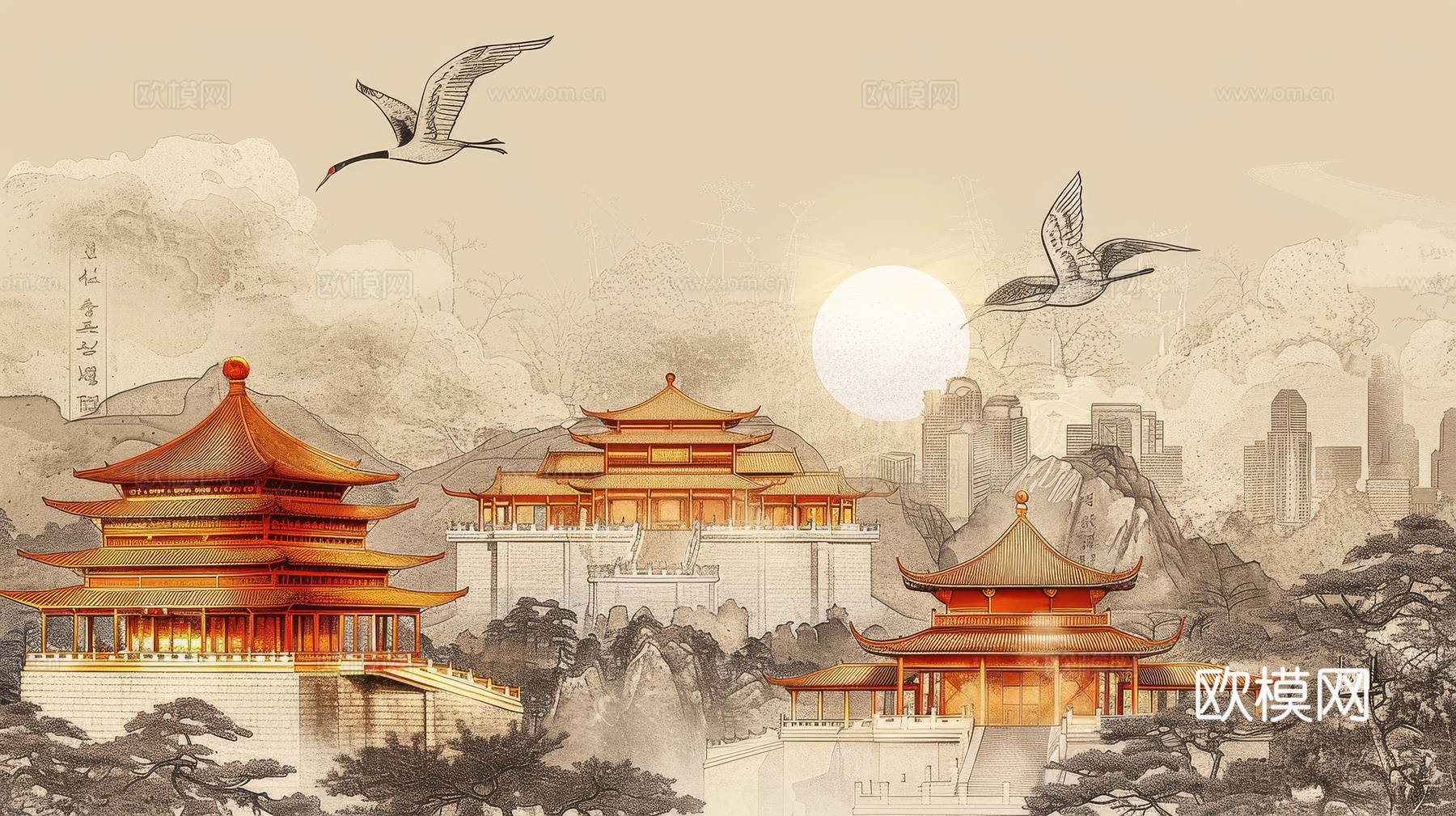 新中式亭台楼阁线条建筑壁画