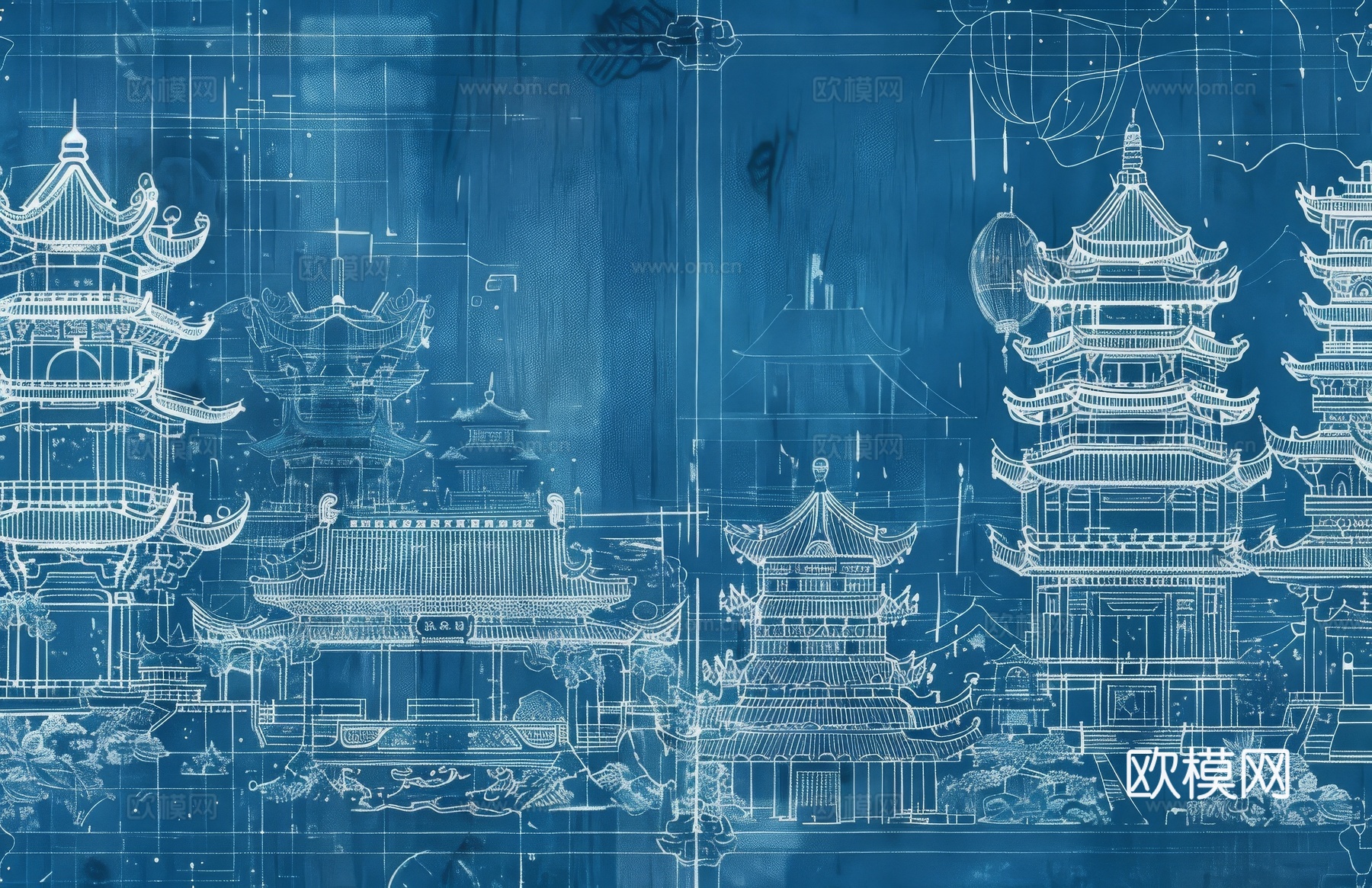 新中式亭台楼阁线条建筑壁画