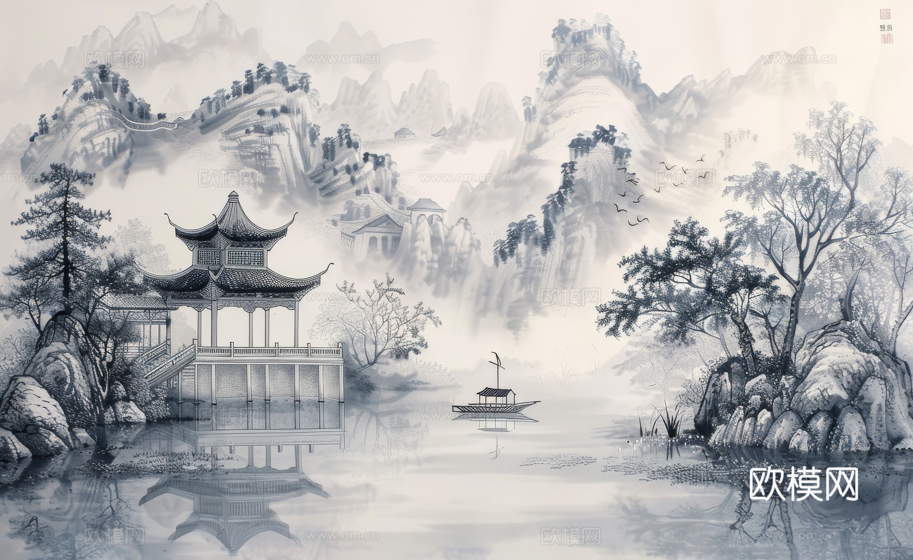 新中式亭台楼阁线条建筑壁画