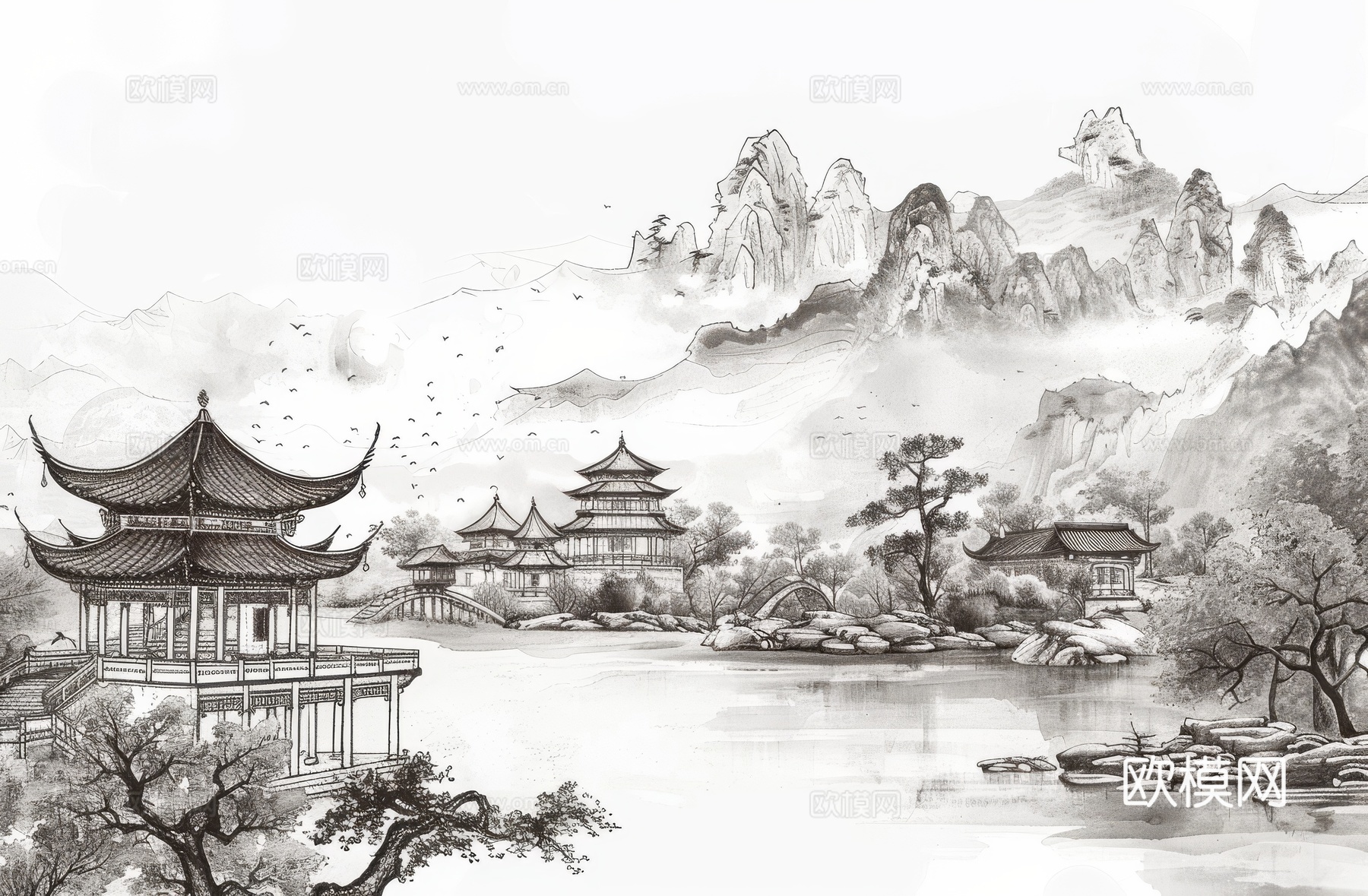 新中式亭台楼阁线条建筑壁画