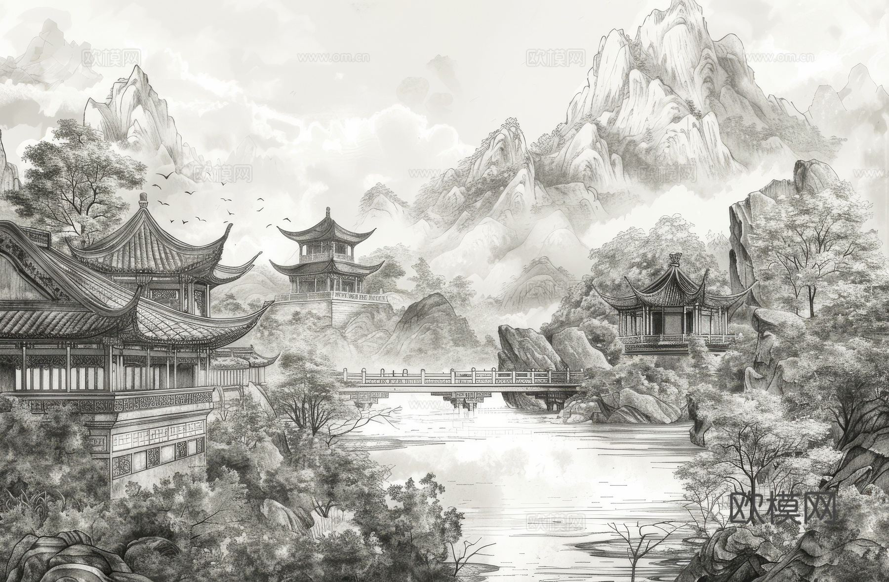 新中式亭台楼阁线条建筑壁画