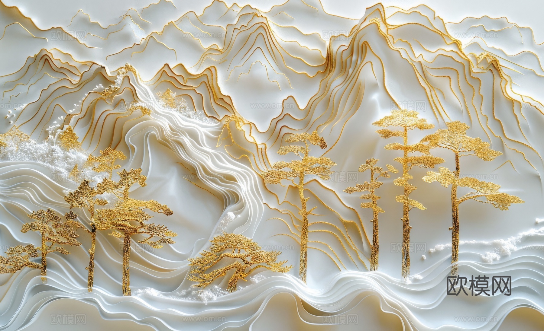 新中式亭台楼阁线条建筑壁画下载（渲染图1）