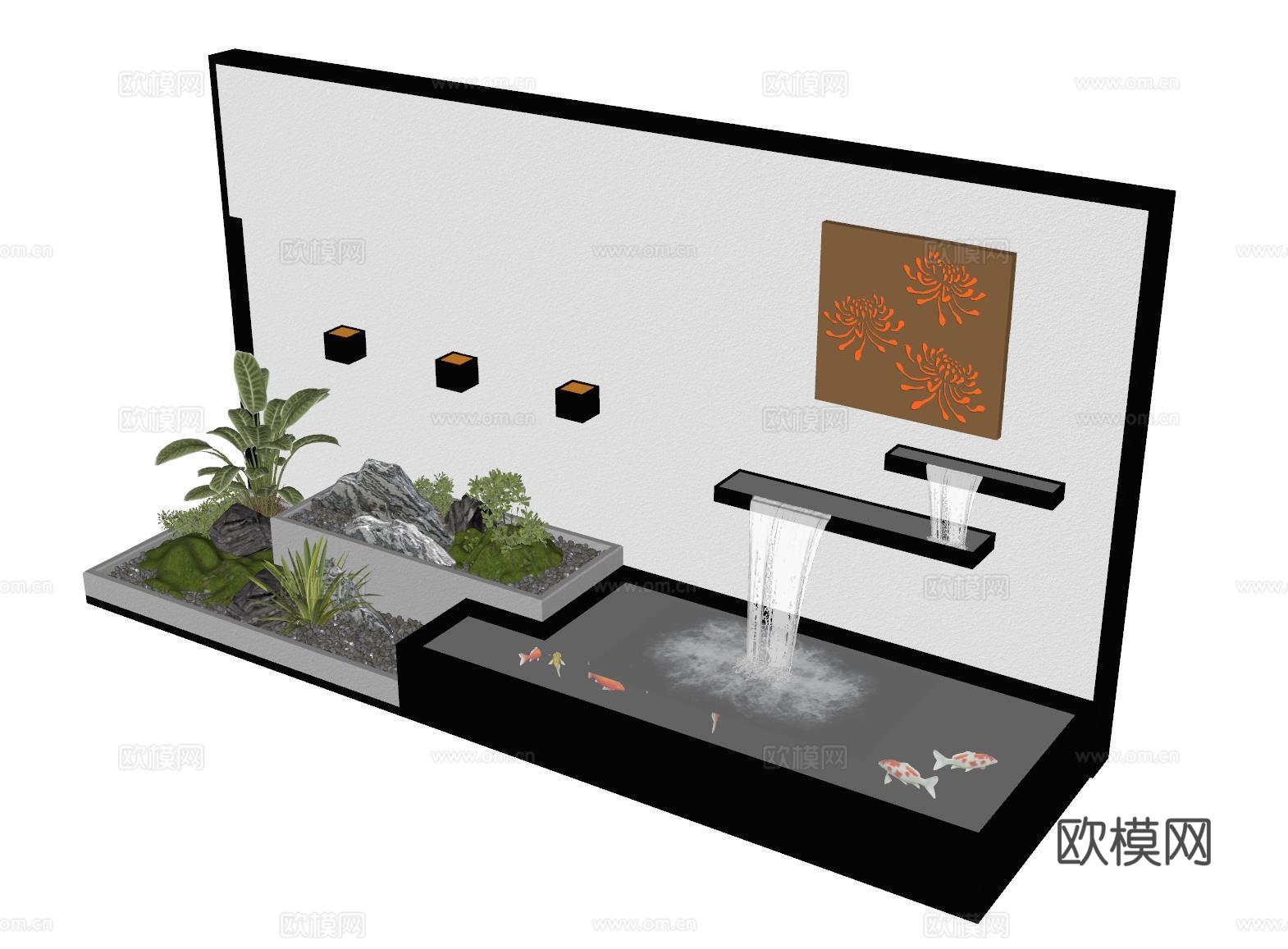 现代庭院水景 水景墙 叠水 景观植物 鱼池su模型