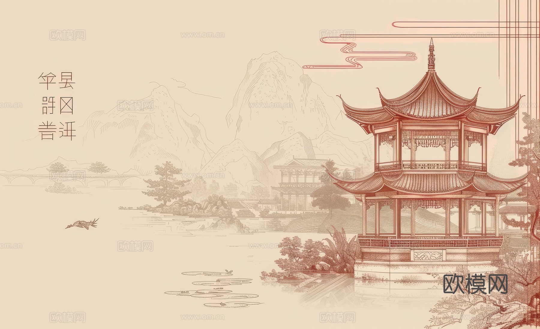 新中式亭台楼阁线条建筑壁画下载（渲染图1）