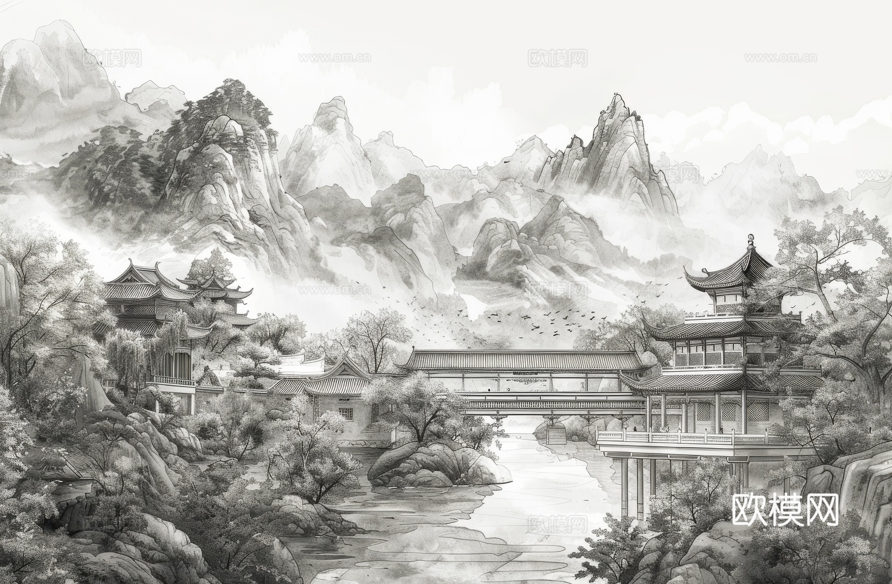 新中式亭台楼阁线条建筑壁画下载（渲染图7）