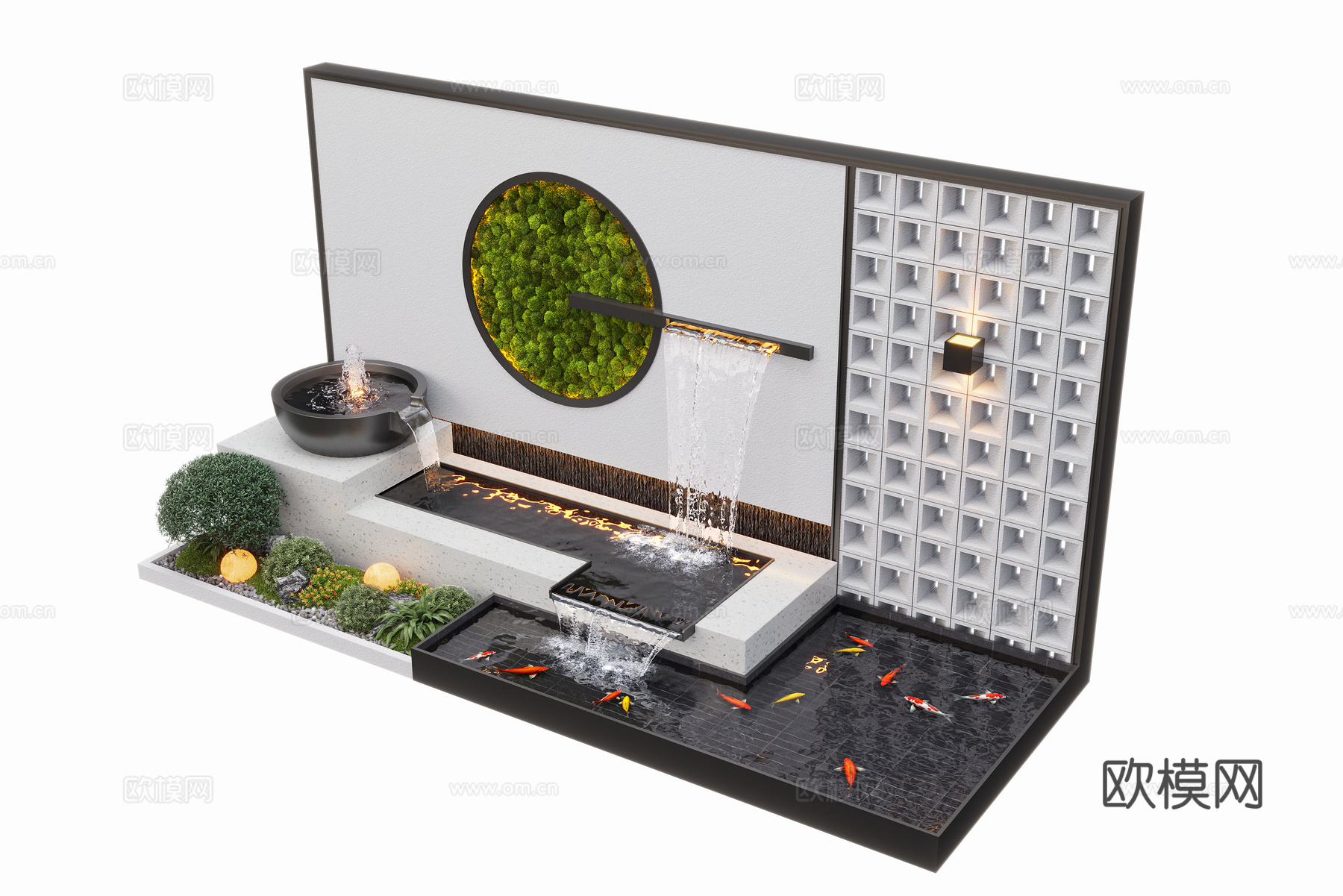 现代庭院水景 水景墙 叠水 景观植物 鱼池3d模型