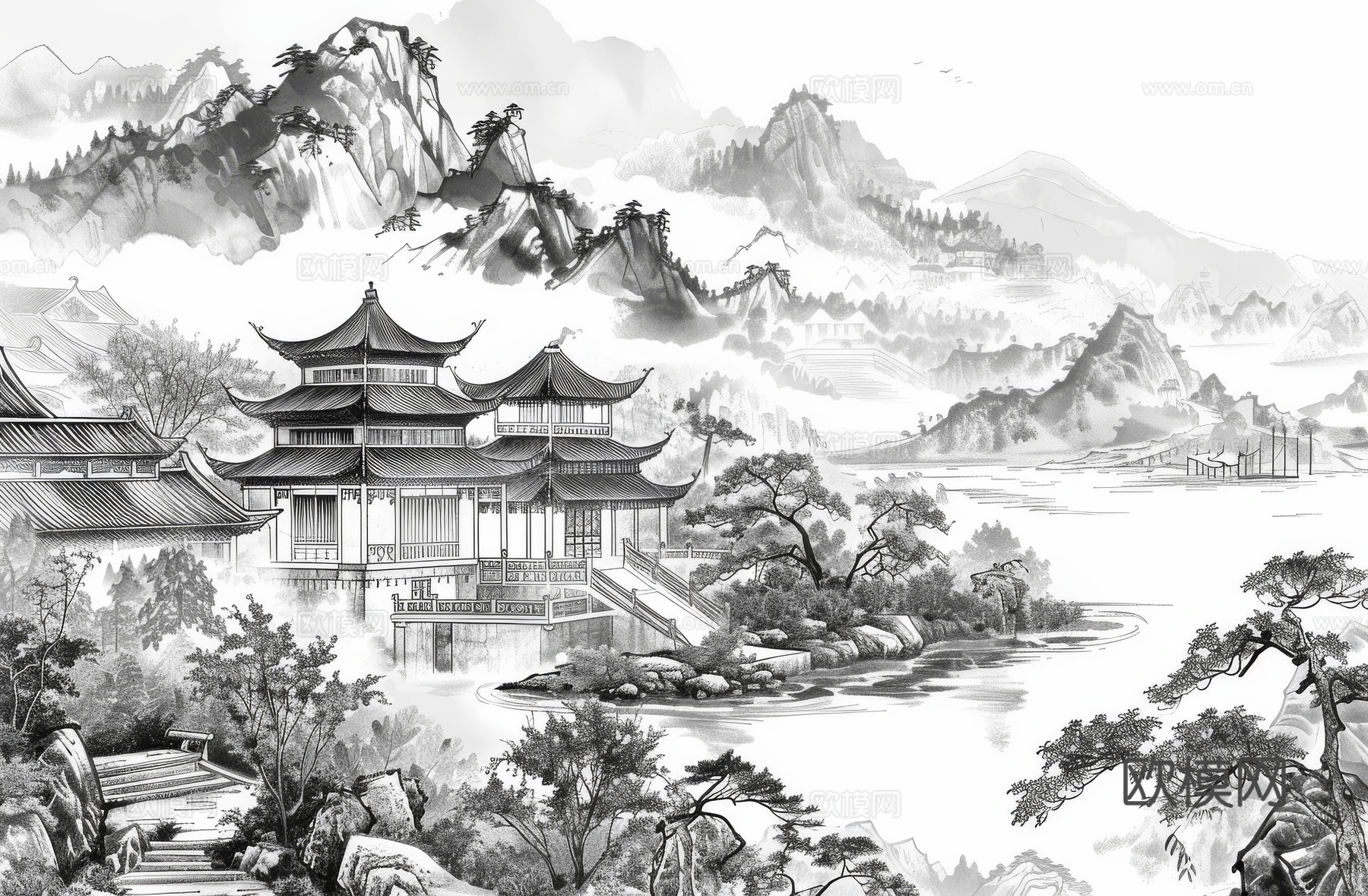 新中式亭台楼阁线条建筑壁画