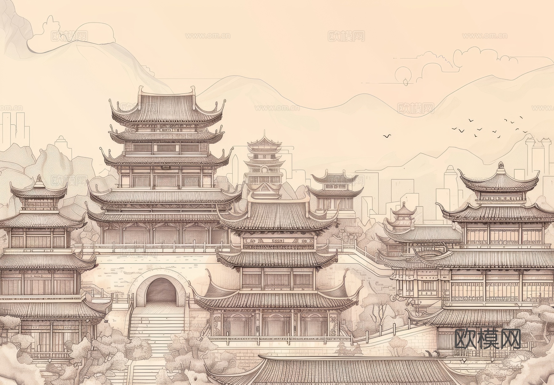 新中式亭台楼阁线条建筑壁画