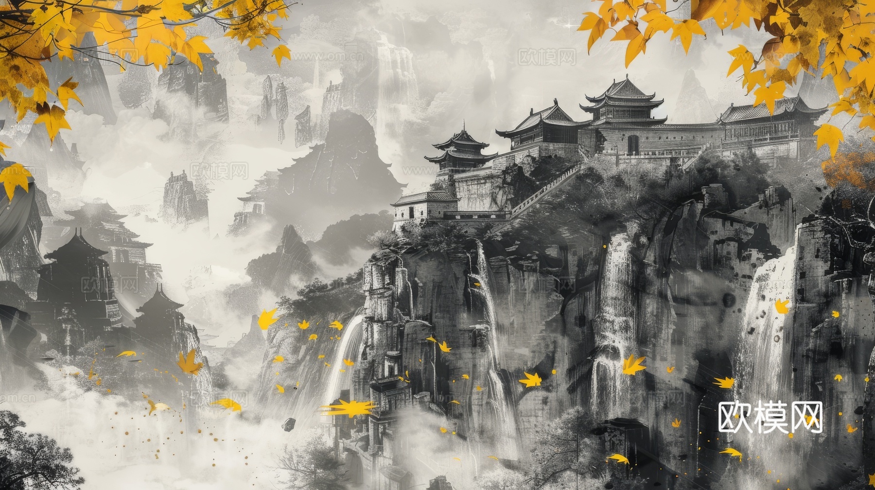 新中式亭台楼阁线条建筑壁画