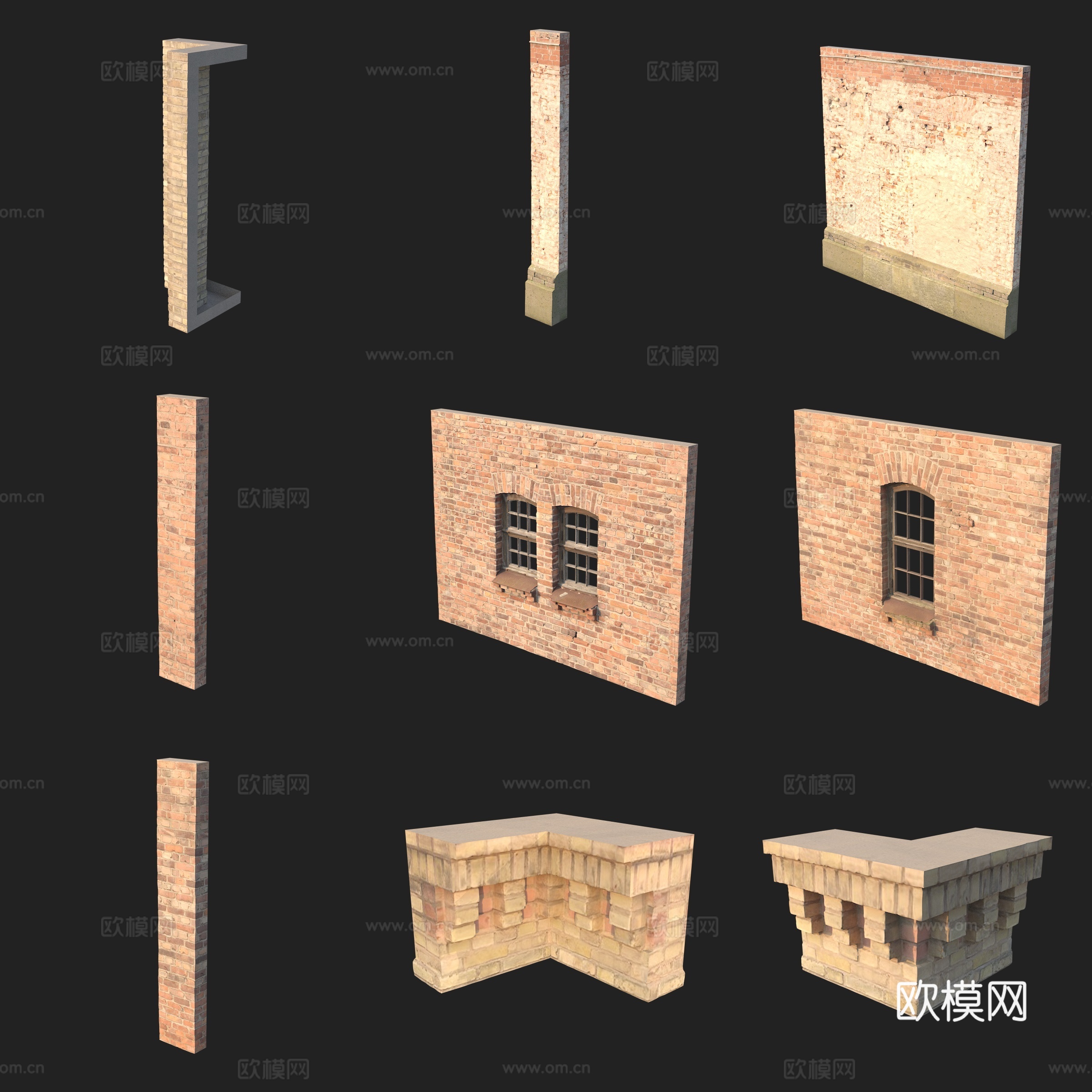 门窗红砖墙体柱子3d模型