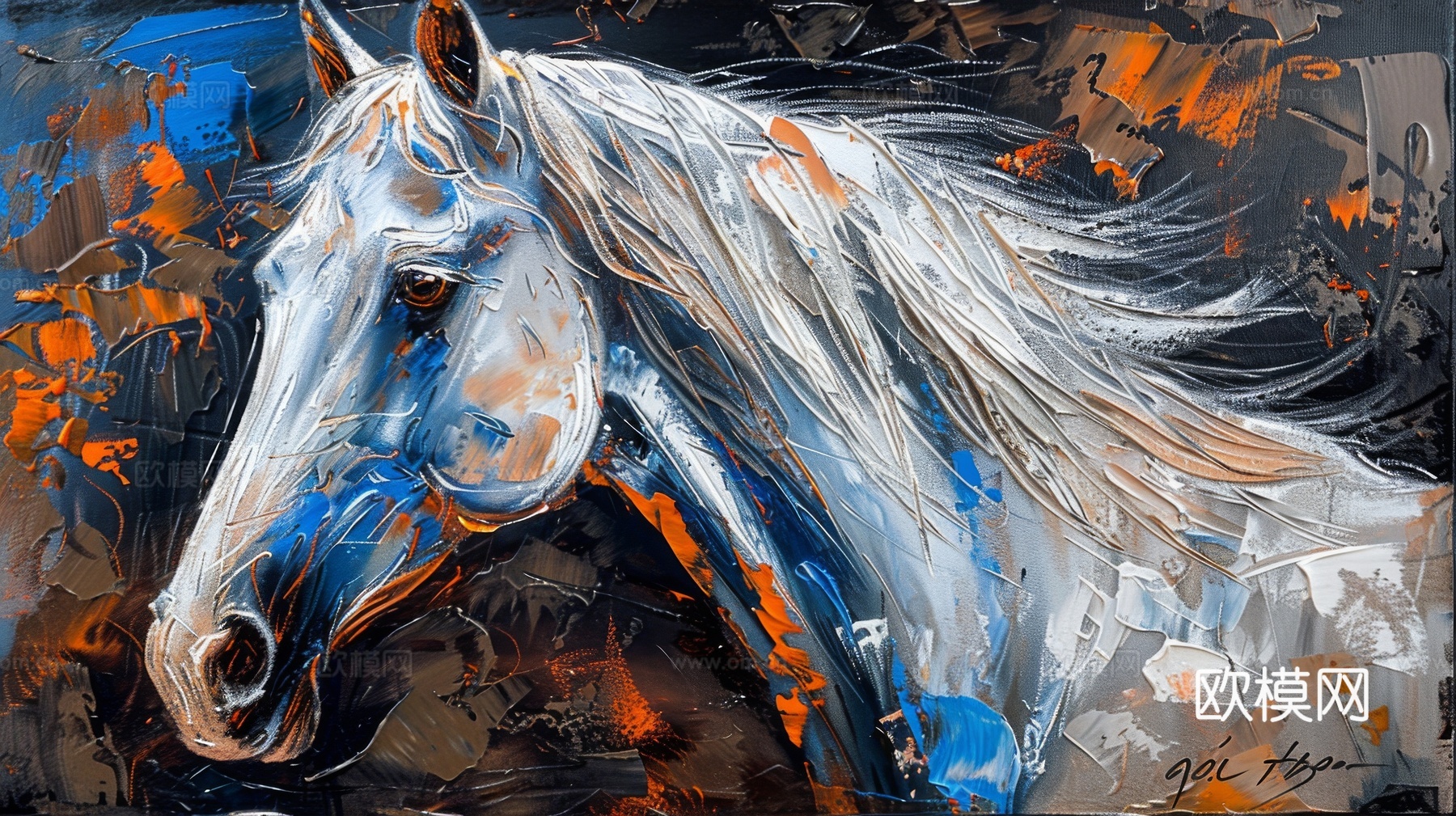 骏马肖像3D立体浮雕背景墙下载（渲染图4）