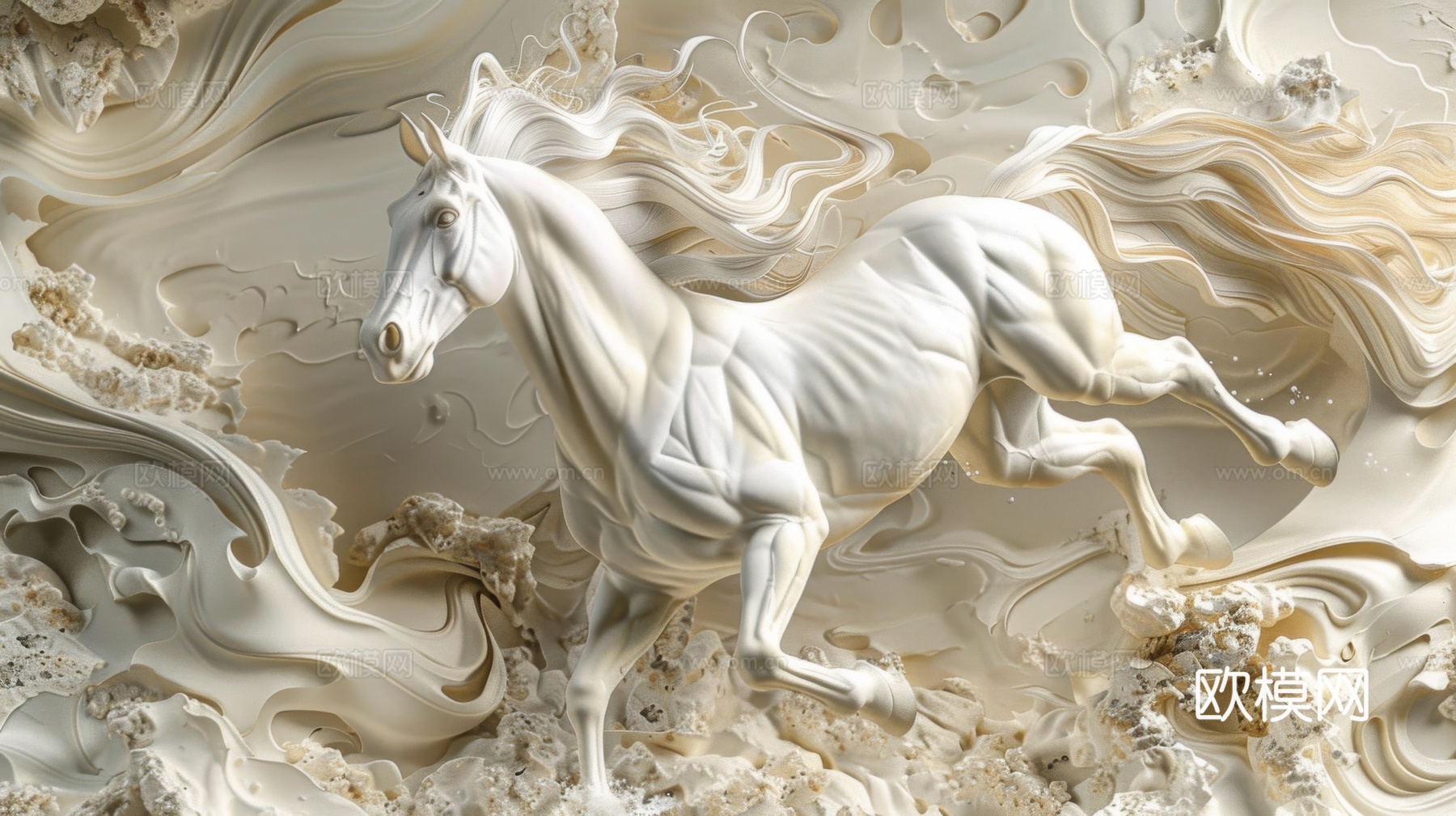 骏马肖像3D立体浮雕背景墙下载（渲染图1）