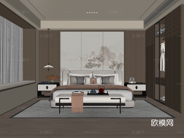 新中式 中古风 卧室 主卧 飘窗 背景墙 床尾凳 床头su模型下载(渲染图2)