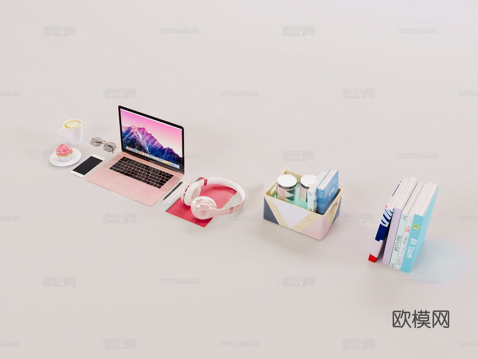 现代简约陈设饰品 电脑 书籍 耳机 咖啡 饮料3d模型