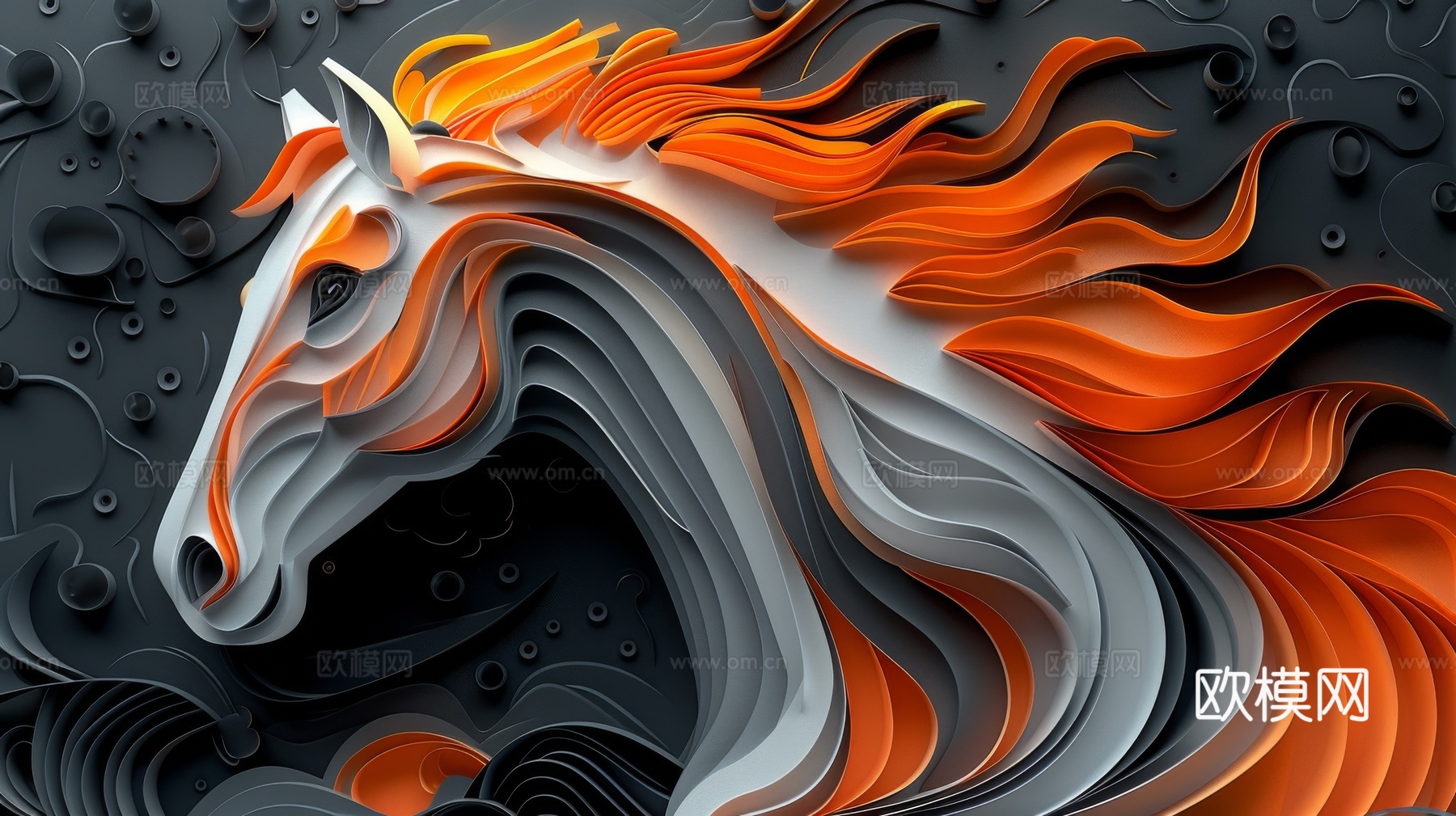 骏马肖像3D立体浮雕背景墙下载（渲染图5）