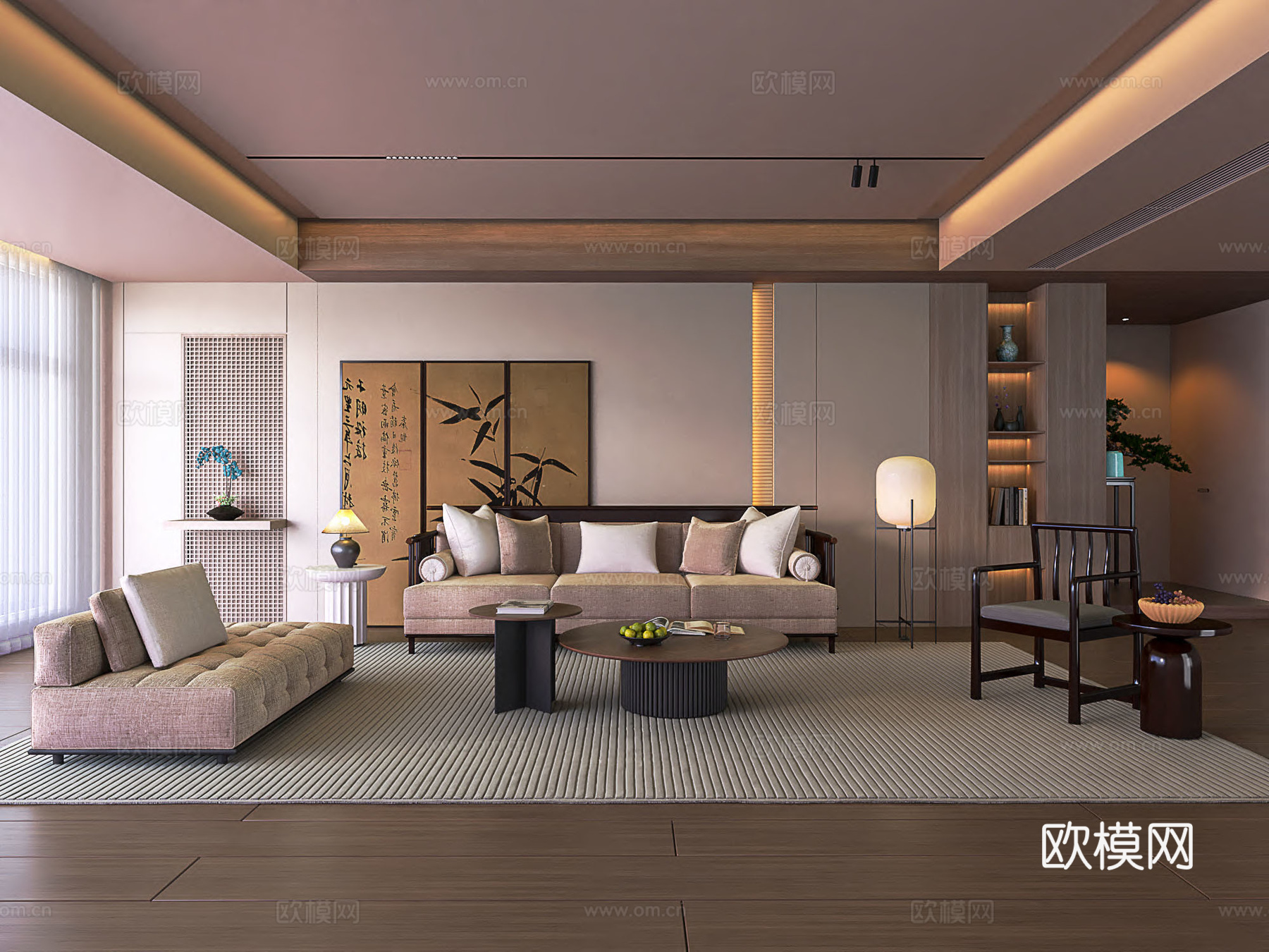 中式客厅 沙发茶几组合 背景墙3d模型